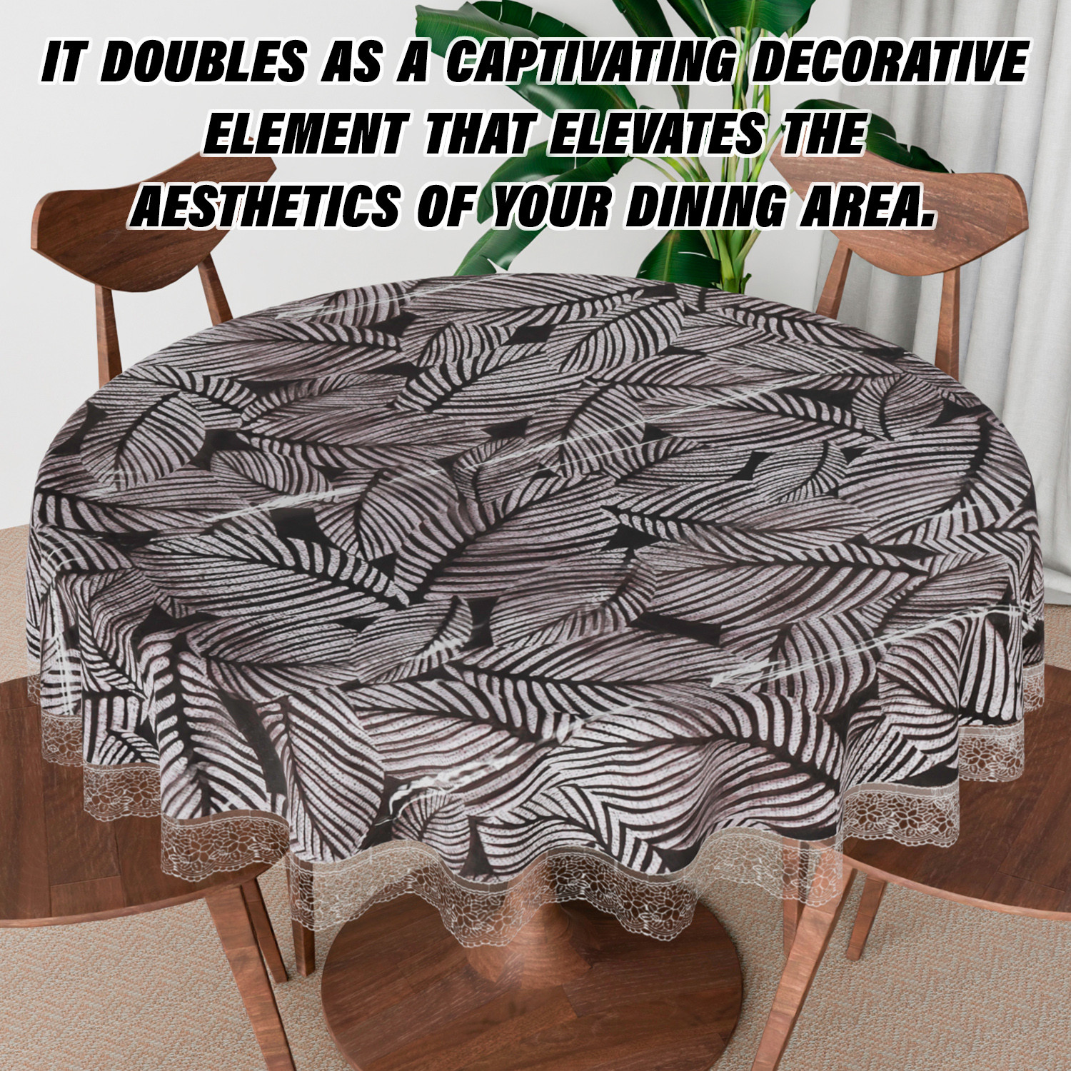 Kuber Industries Round Table Cover | PVC Table Cloth for Round Tables | 4 Seater Round Table Cloth | Transparent Leaf Kitchen Dining Tablecloth | Tabletop Cover | 60 Inch | Black