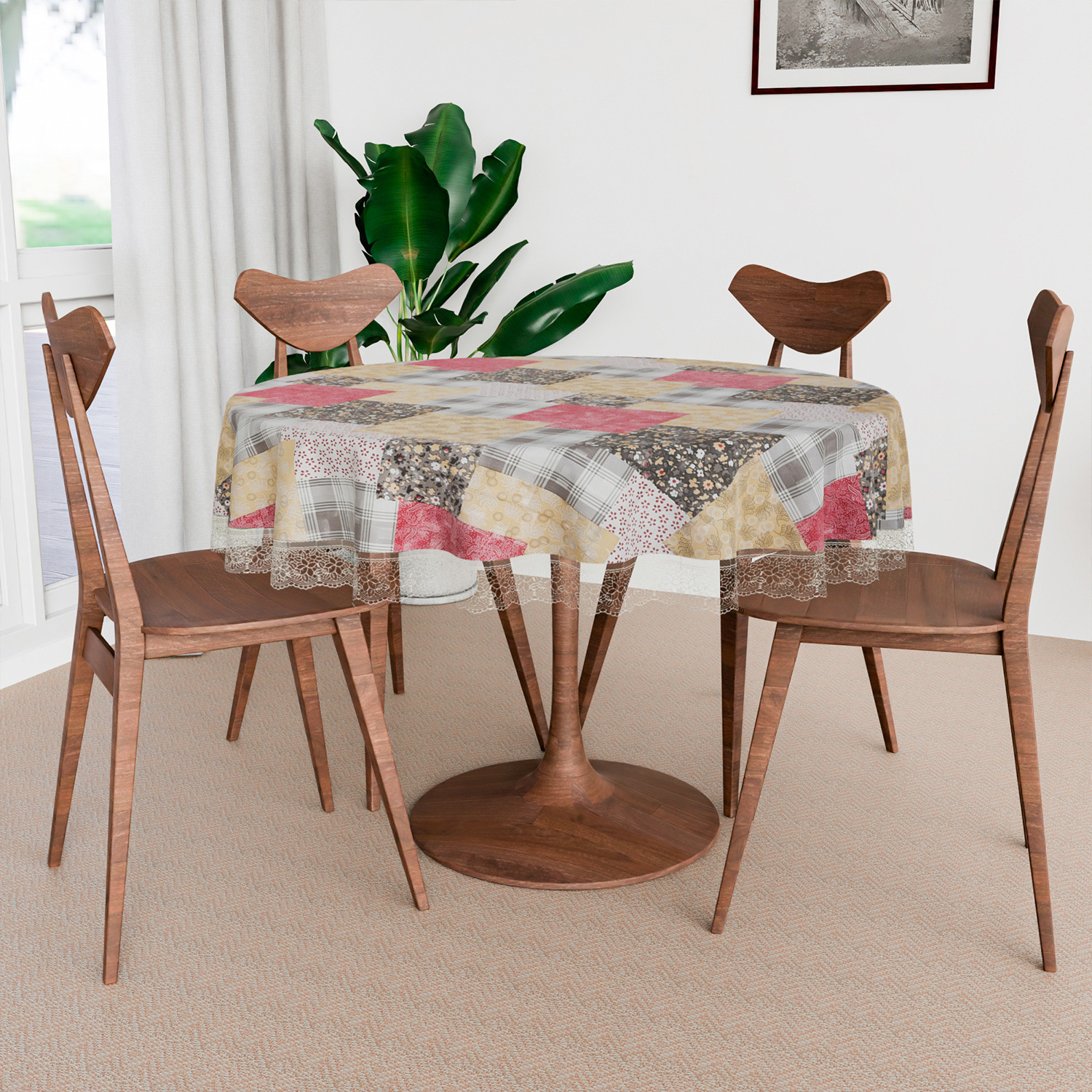 Kuber Industries Round Table Cover  Table Cloth for Round Tables  4 Seater Round Table Cloth  Barik Flower Kitchen Dining Tablecloth  Tabletop Cover  60 Inch  Maroon