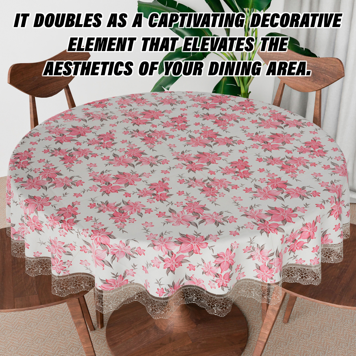 Kuber Industries Round Table Cover  Table Cloth for Round Tables  4 Seater Round Table Cloth  Barik Flower Kitchen Dining Tablecloth  Tabletop Cover  60 Inch  Pink