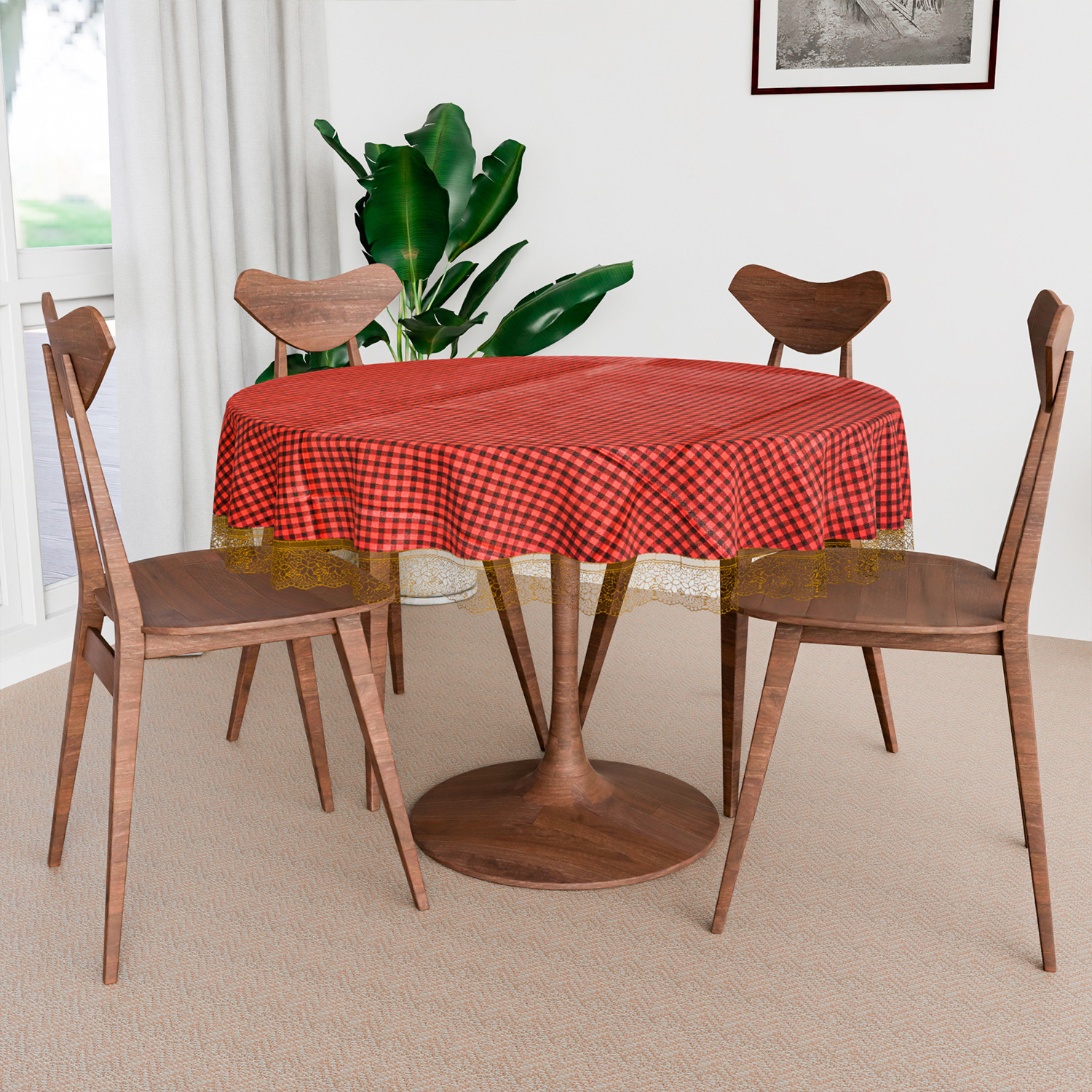 Kuber Industries Round Table Cover  Table Cloth for Round Tables  4 Seater Round Table Cloth  Barik Check Kitchen Dining Tablecloth  Tabletop Cover  60 Inch  Maroon