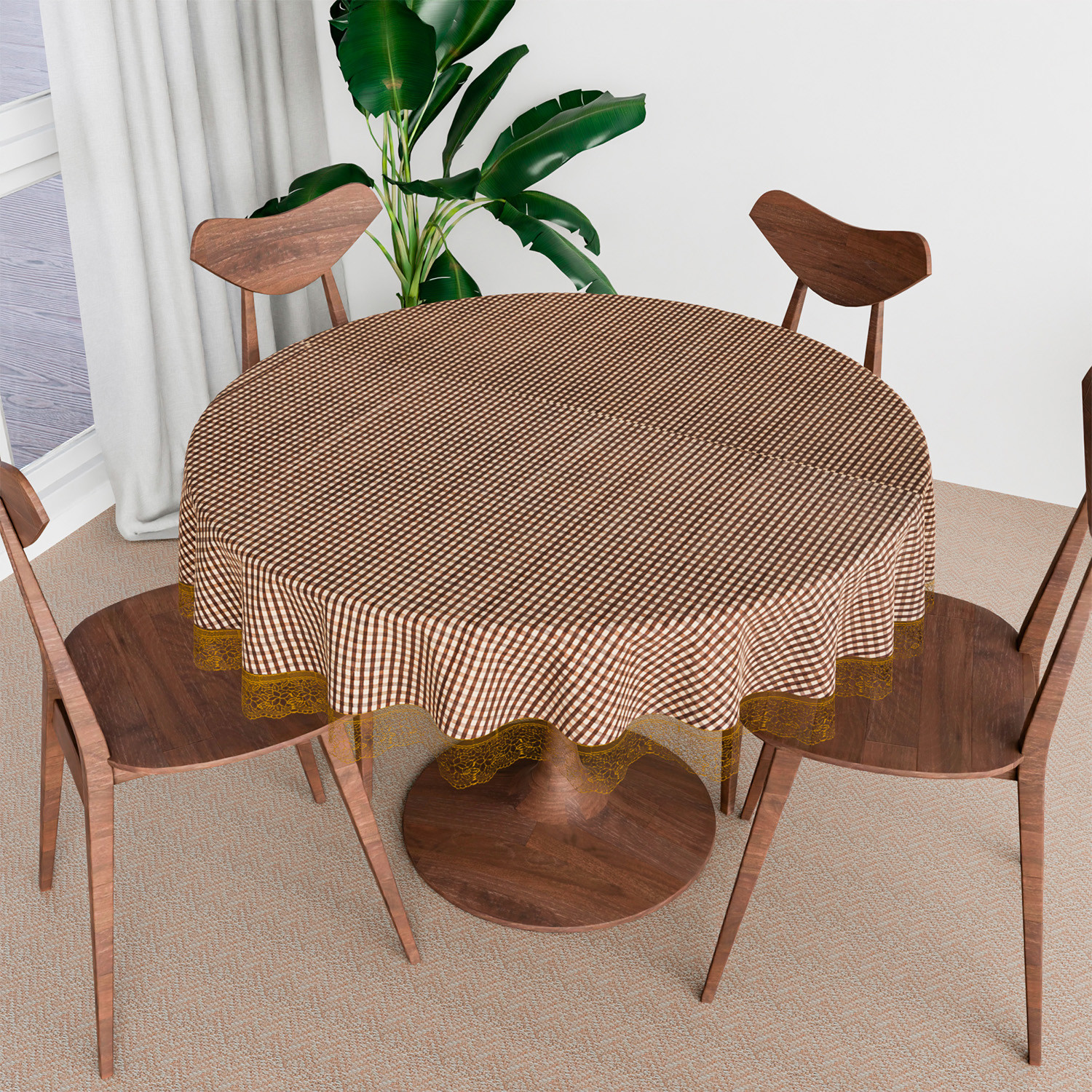 Kuber Industries Round Table Cover | Table Cloth for Round Tables | 4 Seater Round Table Cloth | Barik Check Kitchen Dining Tablecloth | Tabletop Cover | 60 Inch | Brown