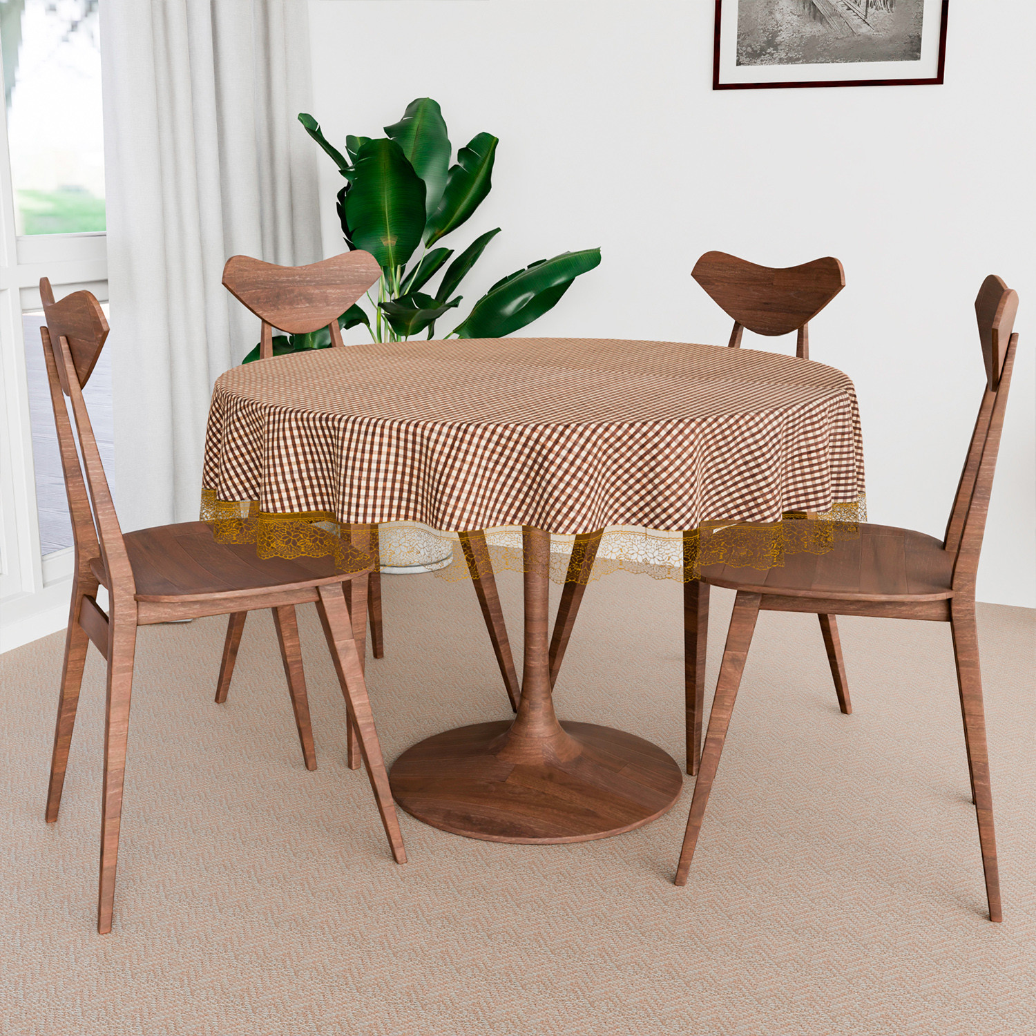 Kuber Industries Round Table Cover | Table Cloth for Round Tables | 4 Seater Round Table Cloth | Barik Check Kitchen Dining Tablecloth | Tabletop Cover | 60 Inch | Brown