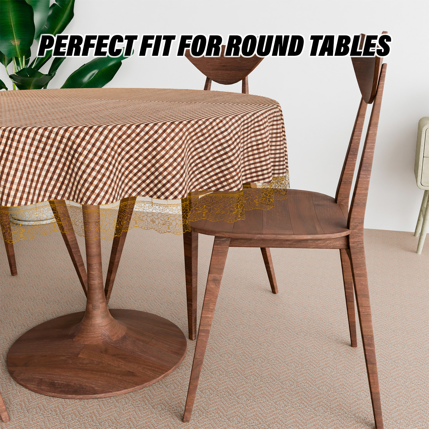 Kuber Industries Round Table Cover | Table Cloth for Round Tables | 4 Seater Round Table Cloth | Barik Check Kitchen Dining Tablecloth | Tabletop Cover | 60 Inch | Brown