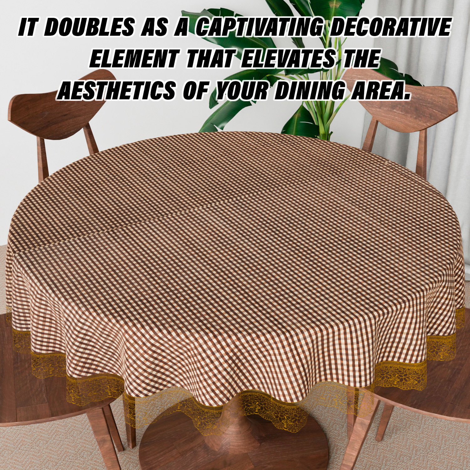 Kuber Industries Round Table Cover | Table Cloth for Round Tables | 4 Seater Round Table Cloth | Barik Check Kitchen Dining Tablecloth | Tabletop Cover | 60 Inch | Brown