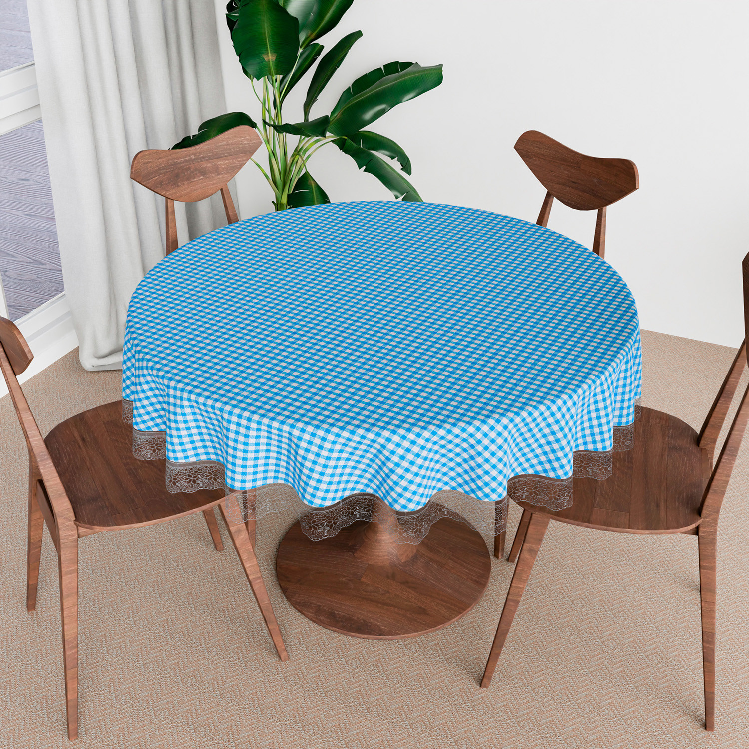 Kuber Industries Round Table Cover | Table Cloth for Round Tables | 4 Seater Round Table Cloth | Barik Check Kitchen Dining Tablecloth | Tabletop Cover | 60 Inch | Blue