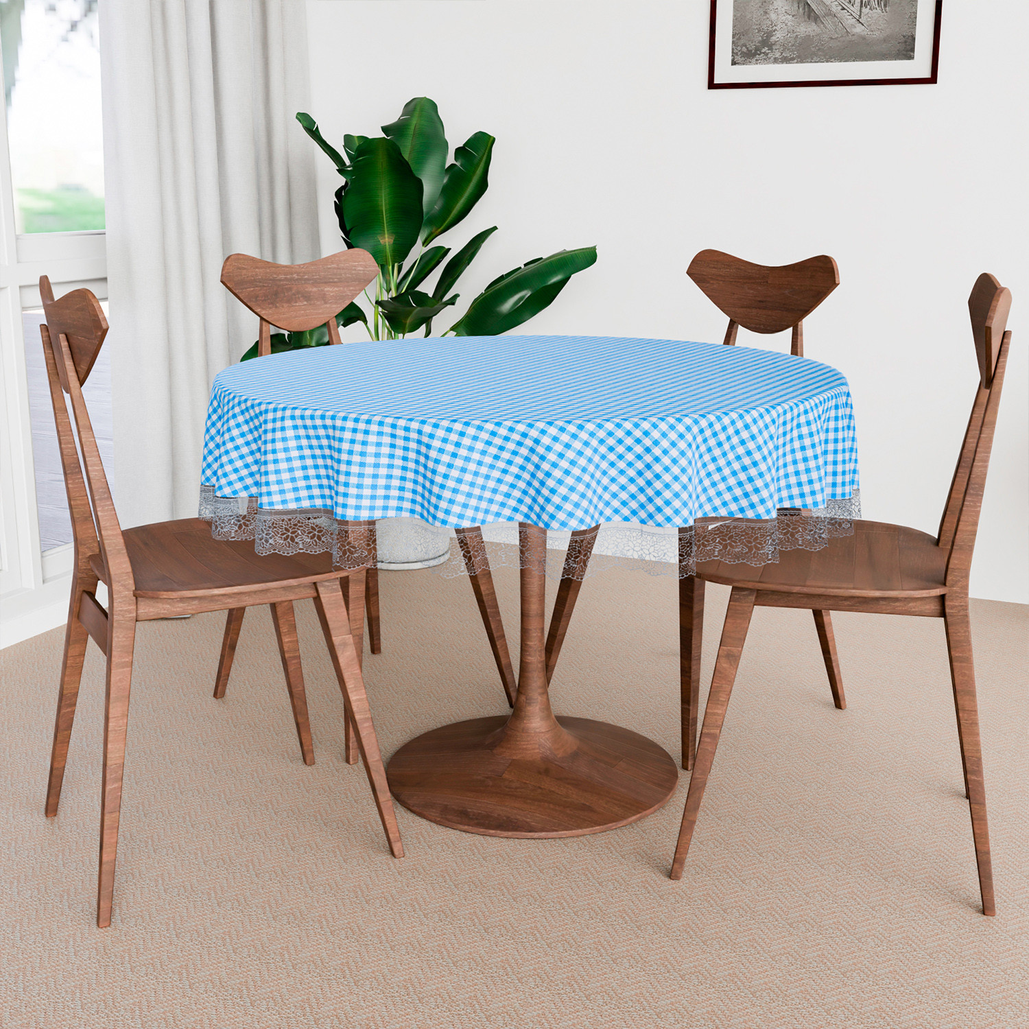 Kuber Industries Round Table Cover | Table Cloth for Round Tables | 4 Seater Round Table Cloth | Barik Check Kitchen Dining Tablecloth | Tabletop Cover | 60 Inch | Blue