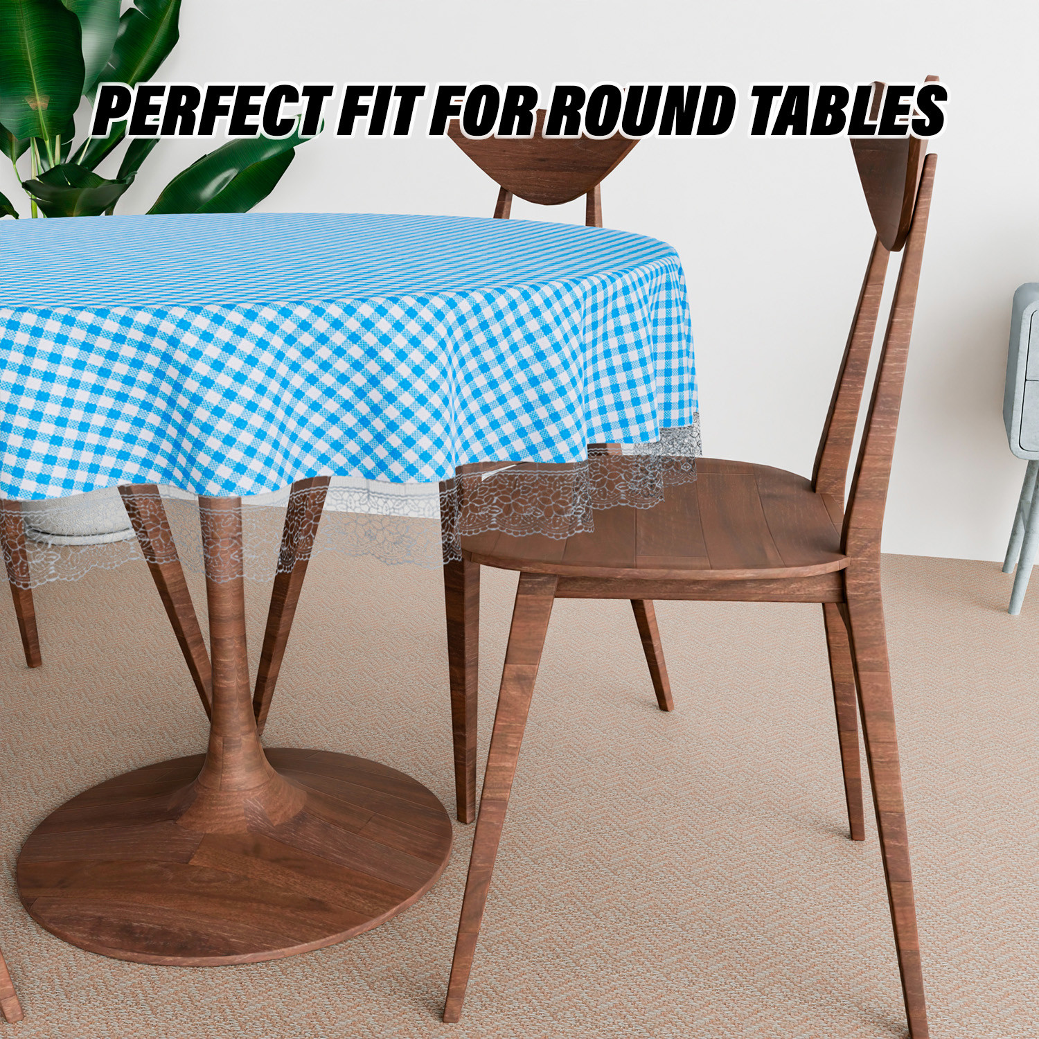Kuber Industries Round Table Cover | Table Cloth for Round Tables | 4 Seater Round Table Cloth | Barik Check Kitchen Dining Tablecloth | Tabletop Cover | 60 Inch | Blue