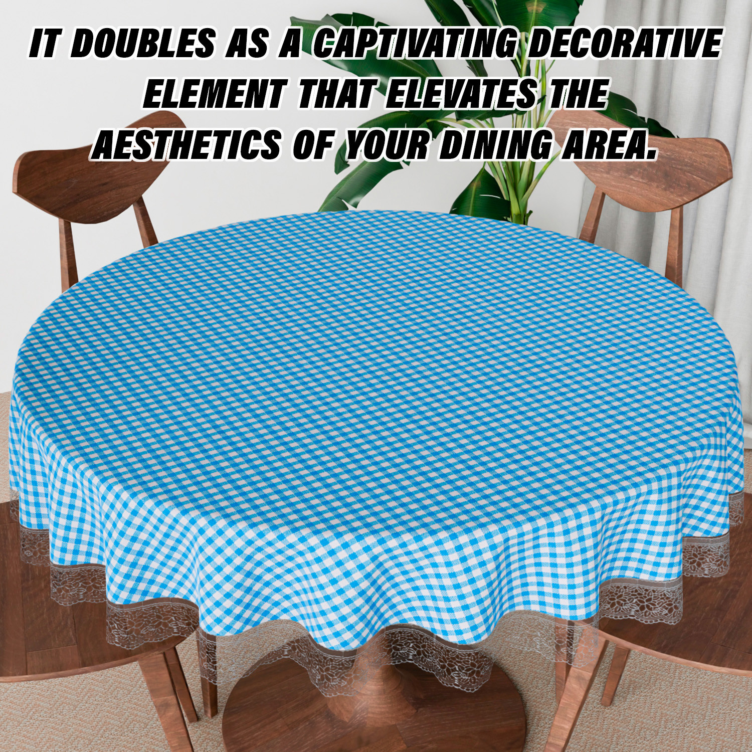 Kuber Industries Round Table Cover | Table Cloth for Round Tables | 4 Seater Round Table Cloth | Barik Check Kitchen Dining Tablecloth | Tabletop Cover | 60 Inch | Blue