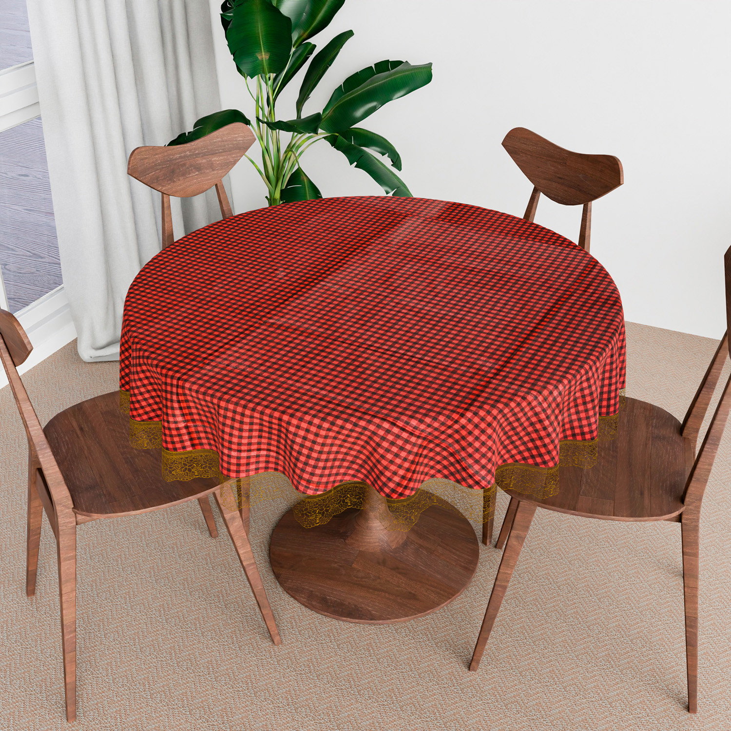 Kuber Industries Round Table Cover | Table Cloth for Round Tables | 4 Seater Round Table Cloth | Barik Check Kitchen Dining Tablecloth | Tabletop Cover | 60 Inch | Maroon