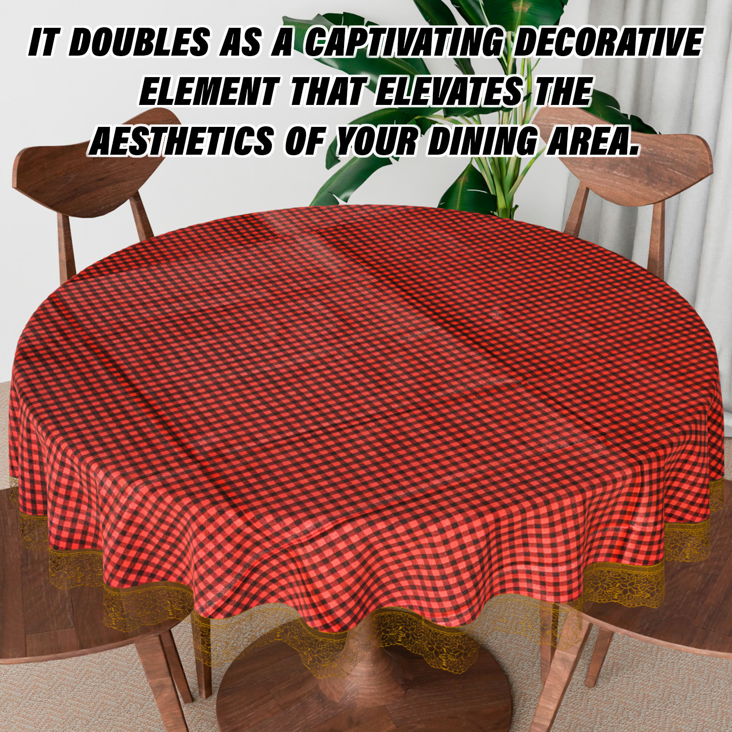 Kuber Industries Round Table Cover | Table Cloth for Round Tables | 4 Seater Round Table Cloth | Barik Check Kitchen Dining Tablecloth | Tabletop Cover | 60 Inch | Maroon