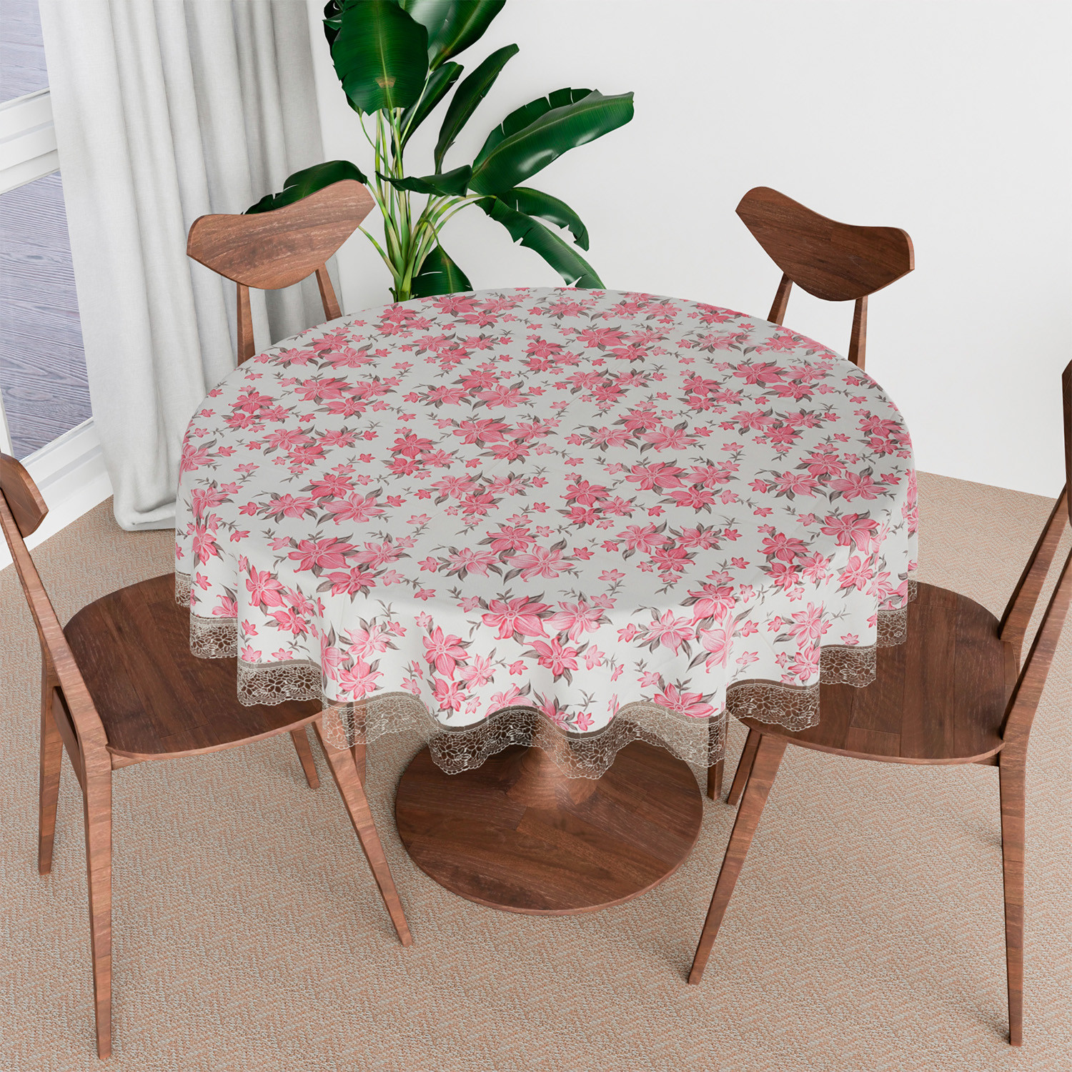 Kuber Industries Round Table Cover | Table Cloth for Round Tables | 4 Seater Round Table Cloth | Barik Flower Kitchen Dining Tablecloth | Tabletop Cover | 60 Inch | Pink