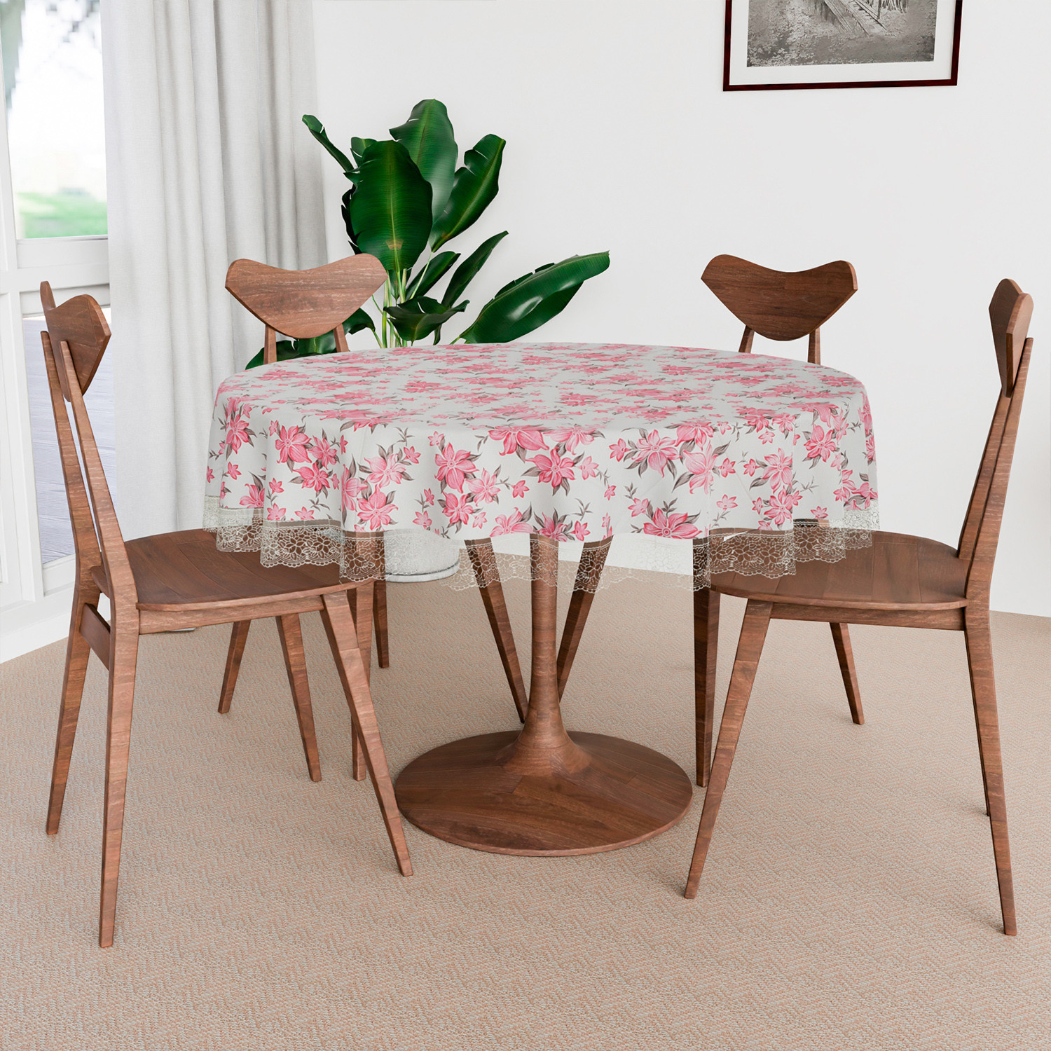 Kuber Industries Round Table Cover | Table Cloth for Round Tables | 4 Seater Round Table Cloth | Barik Flower Kitchen Dining Tablecloth | Tabletop Cover | 60 Inch | Pink