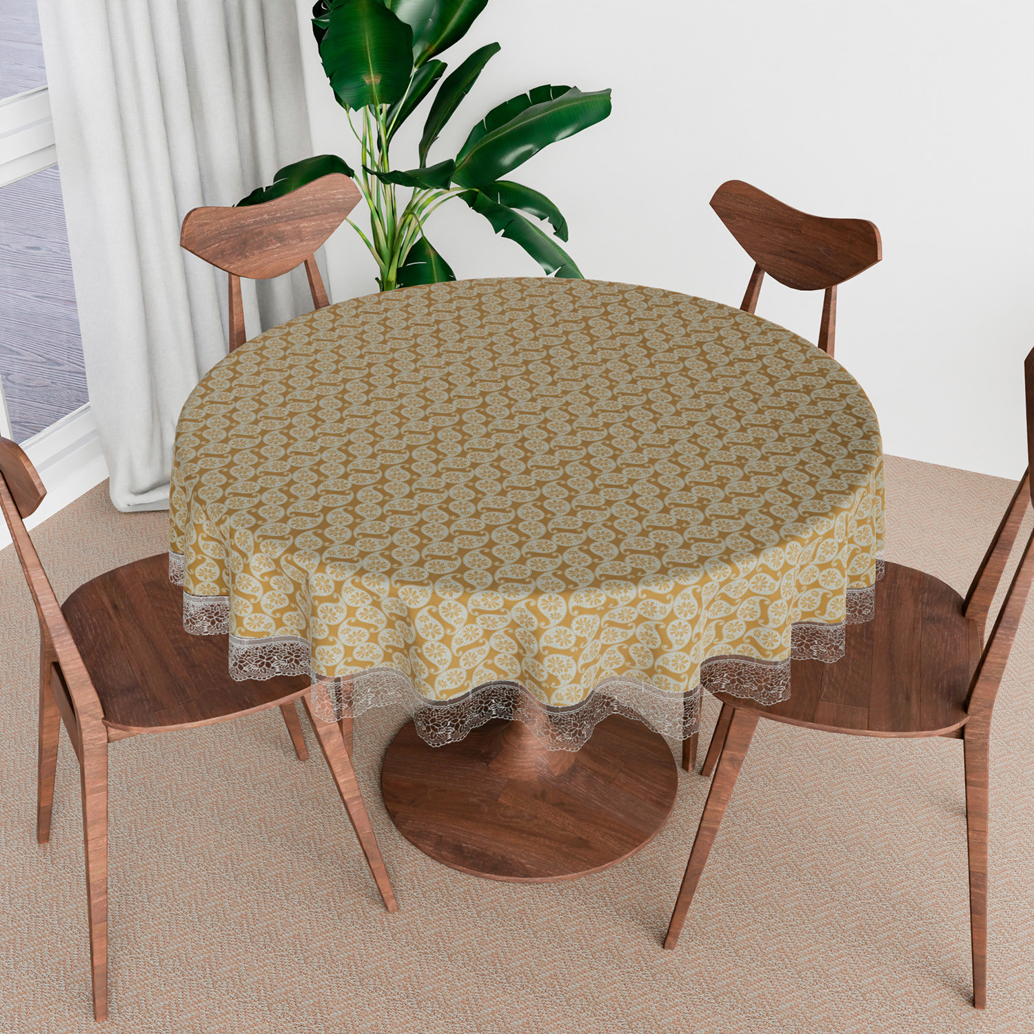Kuber Industries Round Table Cover | Table Cloth for Round Tables | 4 Seater Round Table Cloth | Carry Round Kitchen Dining Tablecloth | Tabletop Cover | 60 Inch | Golden