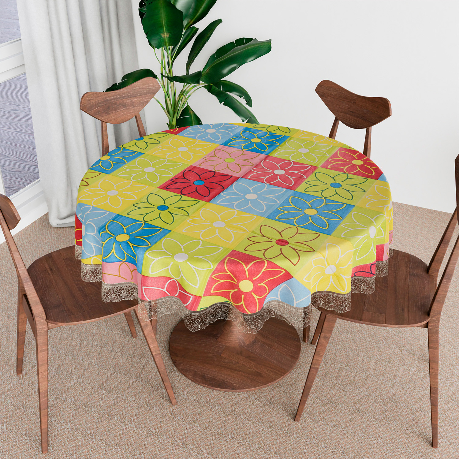 Kuber Industries Round Table Cover | Table Cloth for Round Tables | 4 Seater Round Table Cloth | Check Kitchen Dining Tablecloth | Tabletop Cover | 60 Inch | Yellow