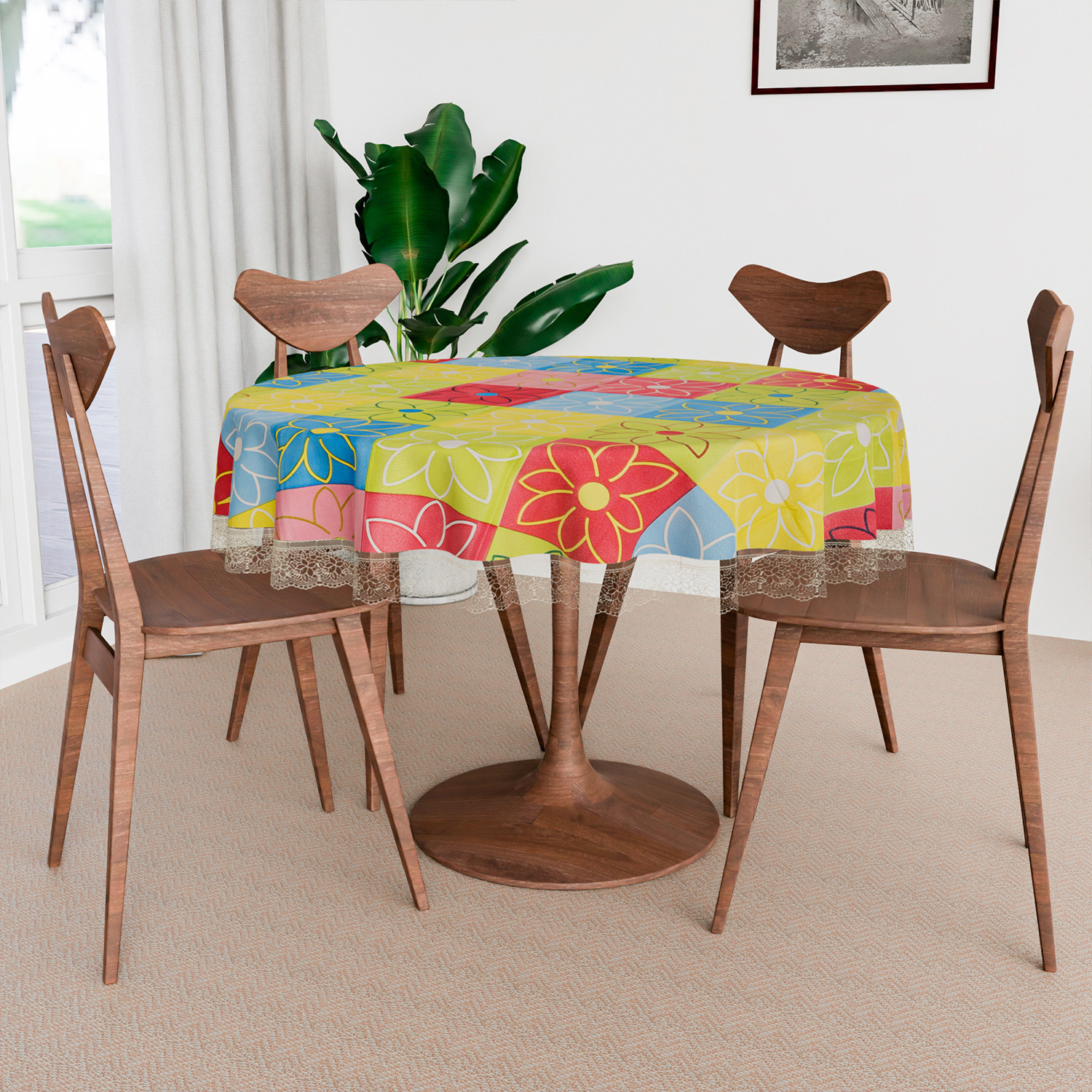Kuber Industries Round Table Cover | Table Cloth for Round Tables | 4 Seater Round Table Cloth | Check Kitchen Dining Tablecloth | Tabletop Cover | 60 Inch | Yellow
