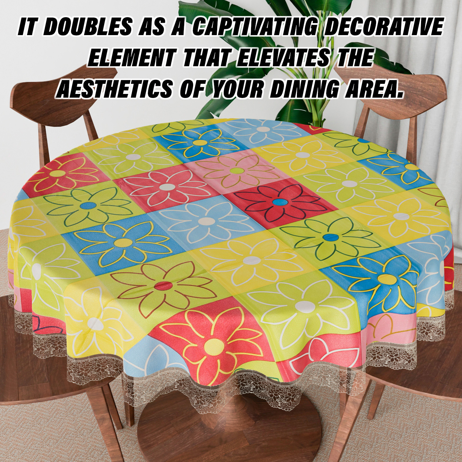 Kuber Industries Round Table Cover | Table Cloth for Round Tables | 4 Seater Round Table Cloth | Check Kitchen Dining Tablecloth | Tabletop Cover | 60 Inch | Yellow