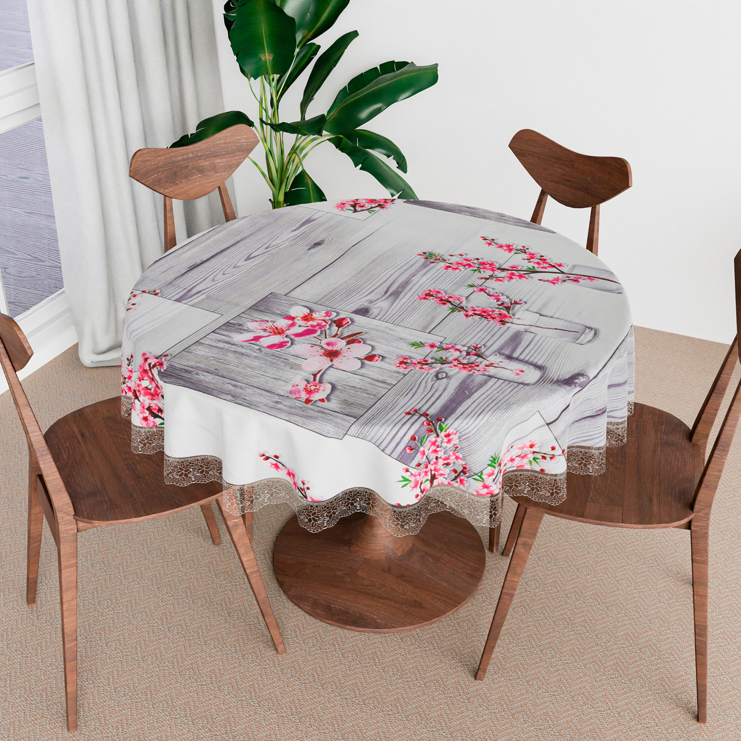 Kuber Industries Round Table Cover | Table Cloth for Round Tables | 4 Seater Round Table Cloth | Pink Flower Kitchen Dining Tablecloth | Tabletop Cover | 60 Inch | Gray