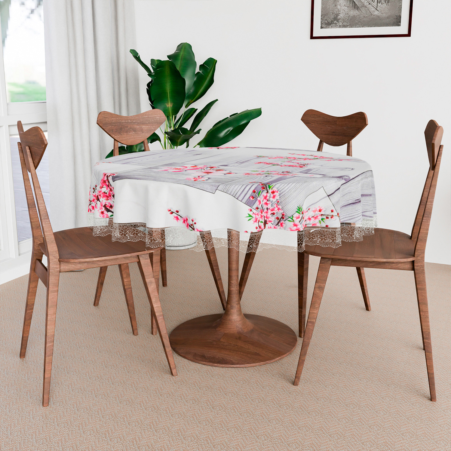 Kuber Industries Round Table Cover | Table Cloth for Round Tables | 4 Seater Round Table Cloth | Pink Flower Kitchen Dining Tablecloth | Tabletop Cover | 60 Inch | Gray