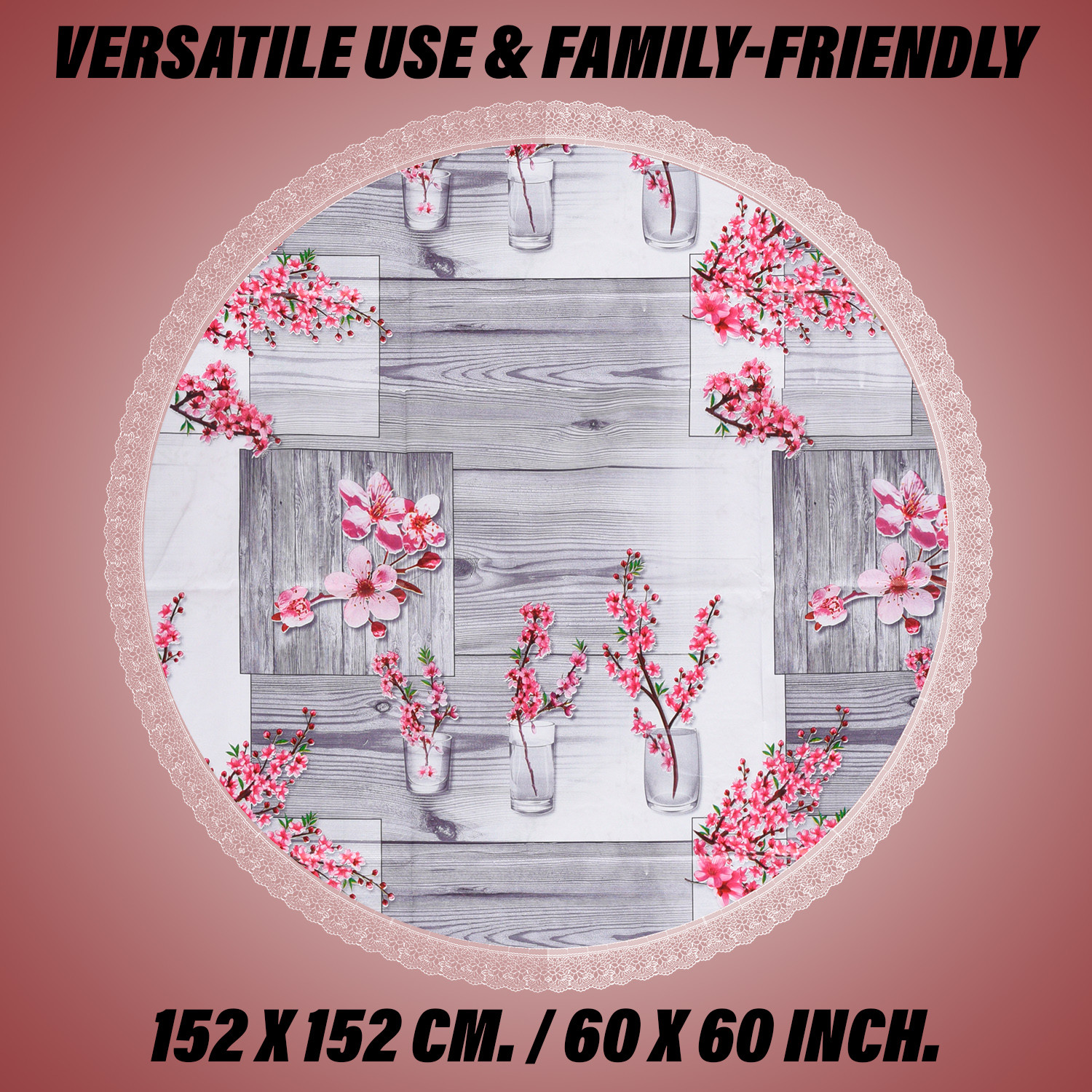 Kuber Industries Round Table Cover | Table Cloth for Round Tables | 4 Seater Round Table Cloth | Pink Flower Kitchen Dining Tablecloth | Tabletop Cover | 60 Inch | Gray