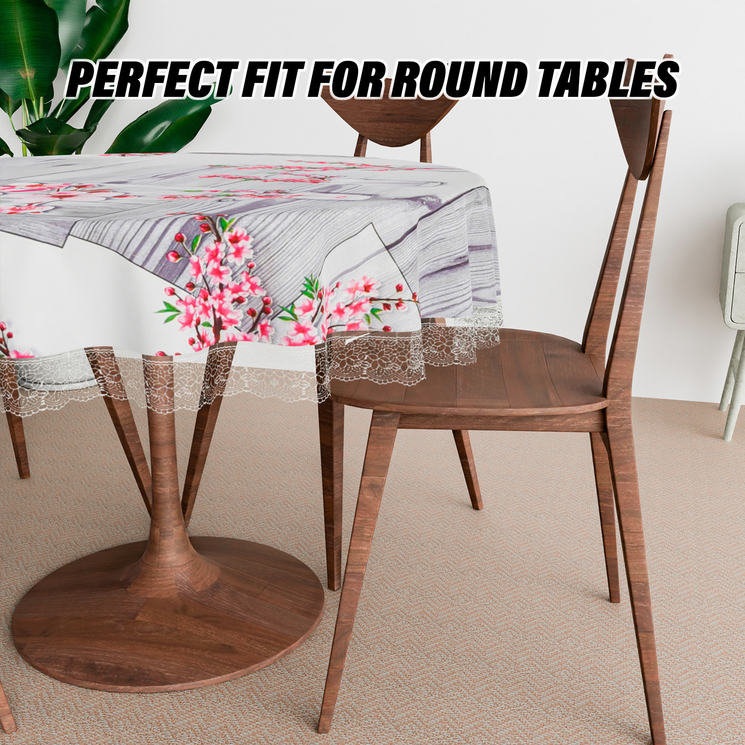 Kuber Industries Round Table Cover | Table Cloth for Round Tables | 4 Seater Round Table Cloth | Pink Flower Kitchen Dining Tablecloth | Tabletop Cover | 60 Inch | Gray