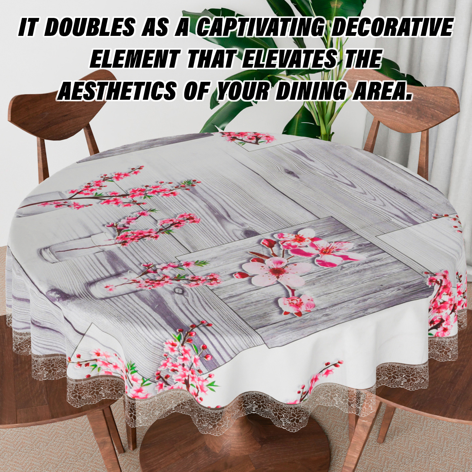Kuber Industries Round Table Cover | Table Cloth for Round Tables | 4 Seater Round Table Cloth | Pink Flower Kitchen Dining Tablecloth | Tabletop Cover | 60 Inch | Gray