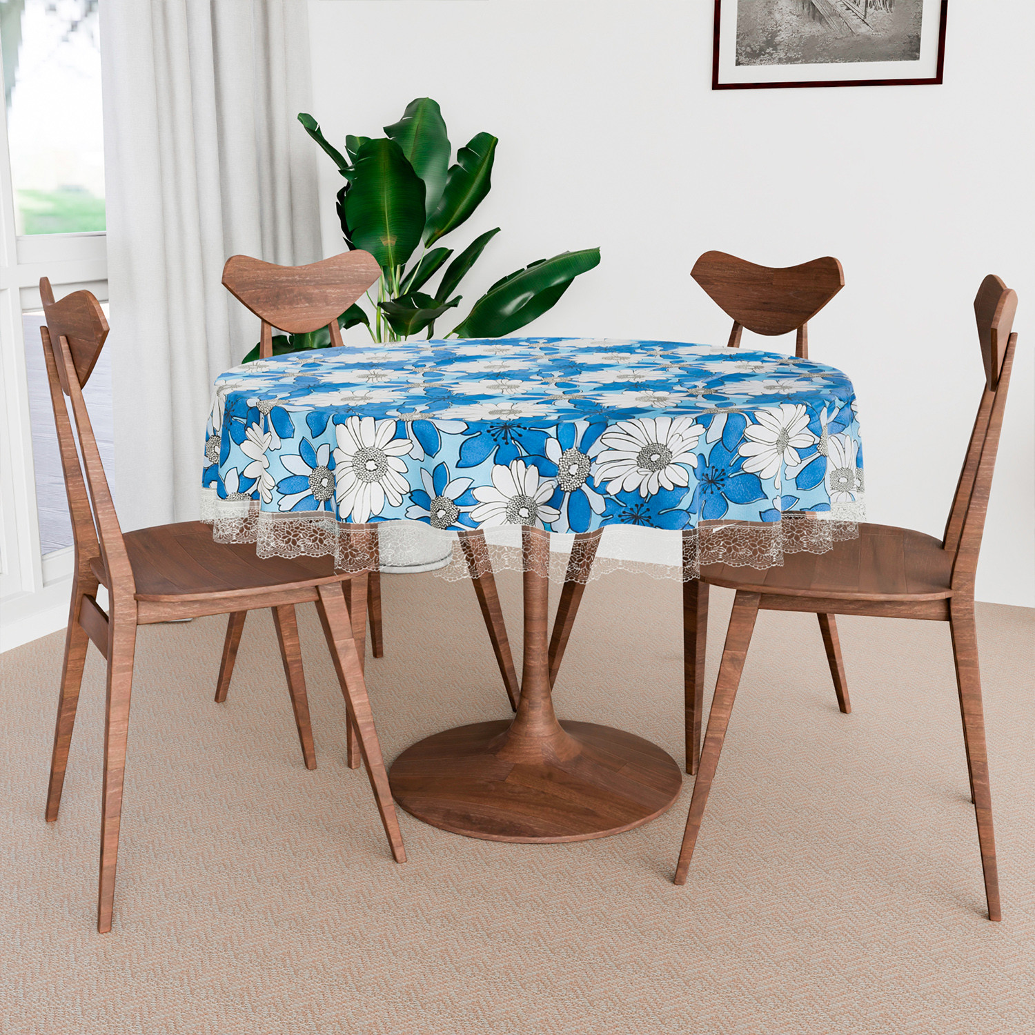 Kuber Industries Round Table Cover | Table Cloth for Round Tables | 4 Seater Round Table Cloth | Sunflower Kitchen Dining Tablecloth | Tabletop Cover | 60 Inch | Blue