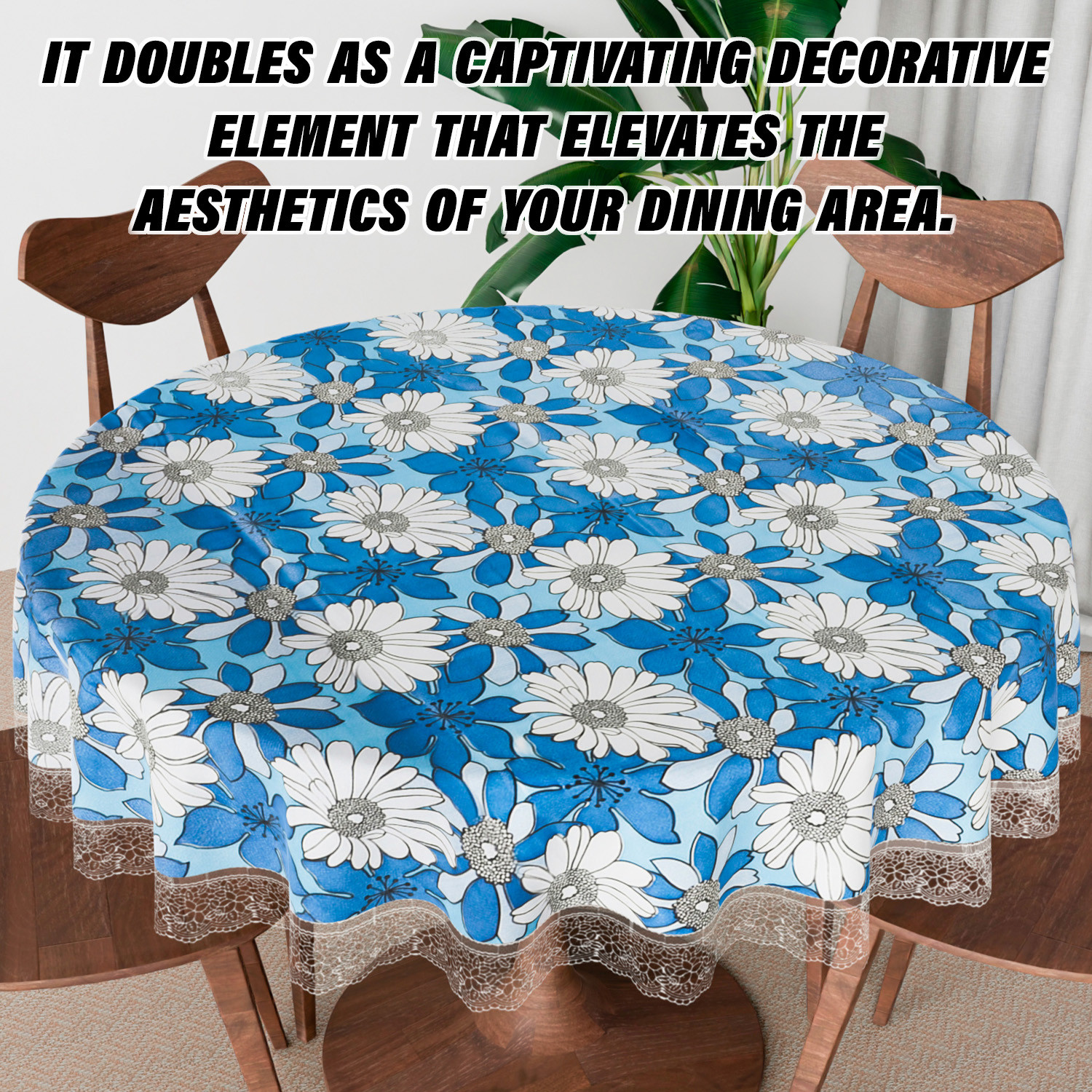 Kuber Industries Round Table Cover | Table Cloth for Round Tables | 4 Seater Round Table Cloth | Sunflower Kitchen Dining Tablecloth | Tabletop Cover | 60 Inch | Blue