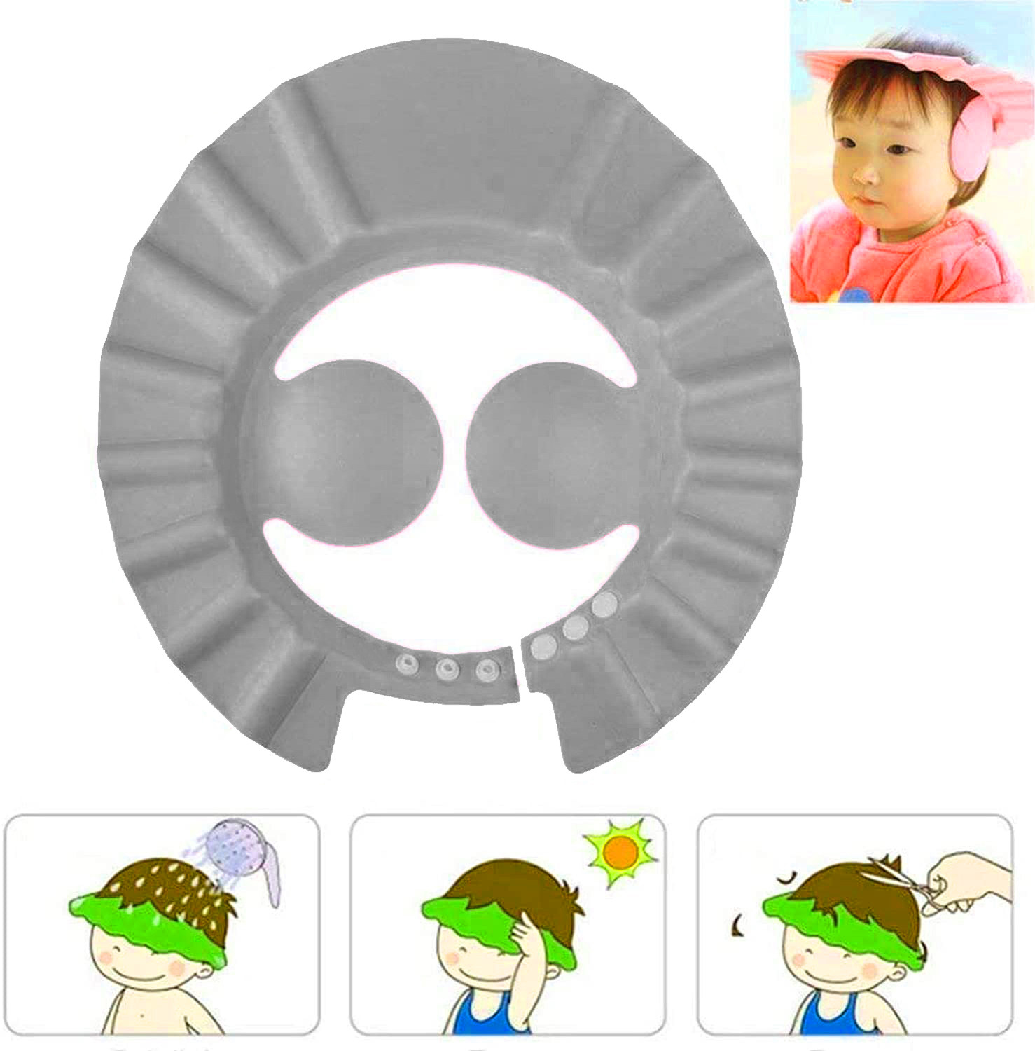 Kuber Industries Rubber Kids Adjustable Shower Cap For Wash Hair (Grey) 54KM4198