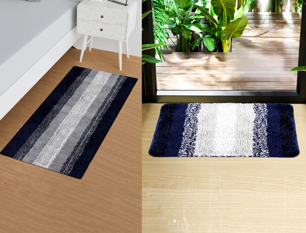 Kuber Industries Runner | Bedside Runner for Bedroom | Blue Patta Home Decor Runner &amp; Door Mat Combo | Anti-Skid Runner &amp; Door Mat | Runner &amp; Door Mat Set | Set of 2 | Gray