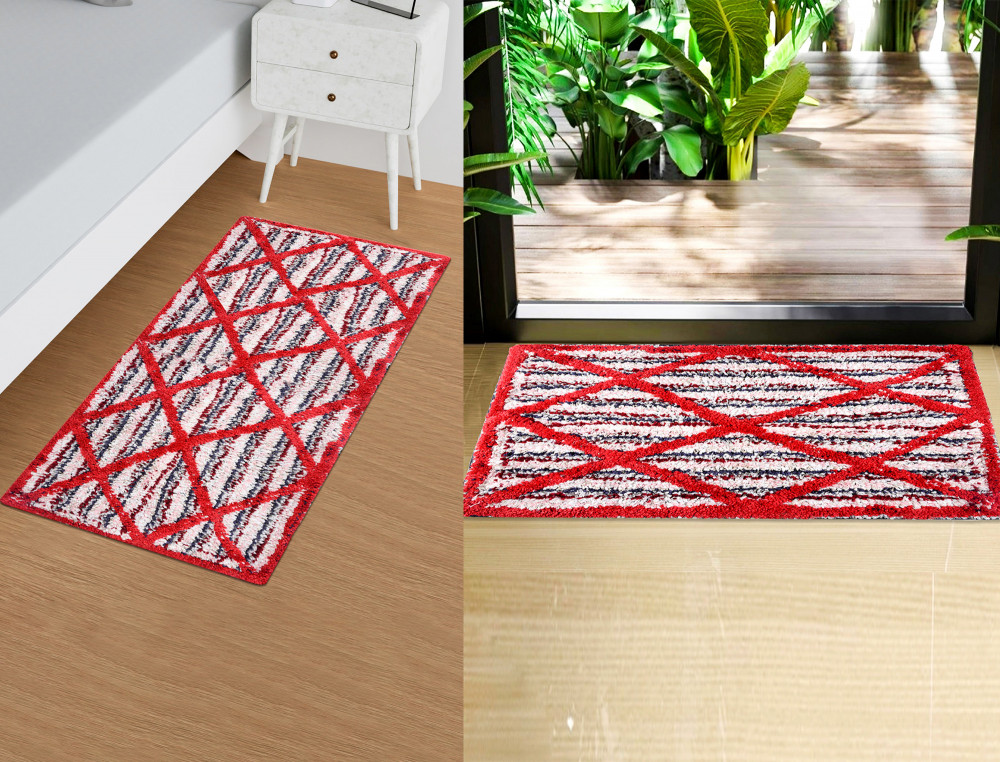 Kuber Industries Runner | Bedside Runner for Bedroom | Katli Mingle Home Decor Runner &amp; Door Mat Combo | Anti-Skid Runner &amp; Door Mat | Runner &amp; Door Mat Set | Set of 2 | Red
