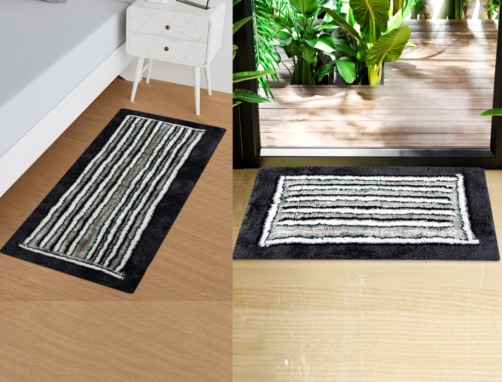 Kuber Industries Runner | Bedside Runner for Bedroom | Micro Border Home Decor Runner &amp; Door Mat Combo | Anti-Skid Runner &amp; Door Mat | Runner &amp; Door Mat Set | Set of 2 | Gray