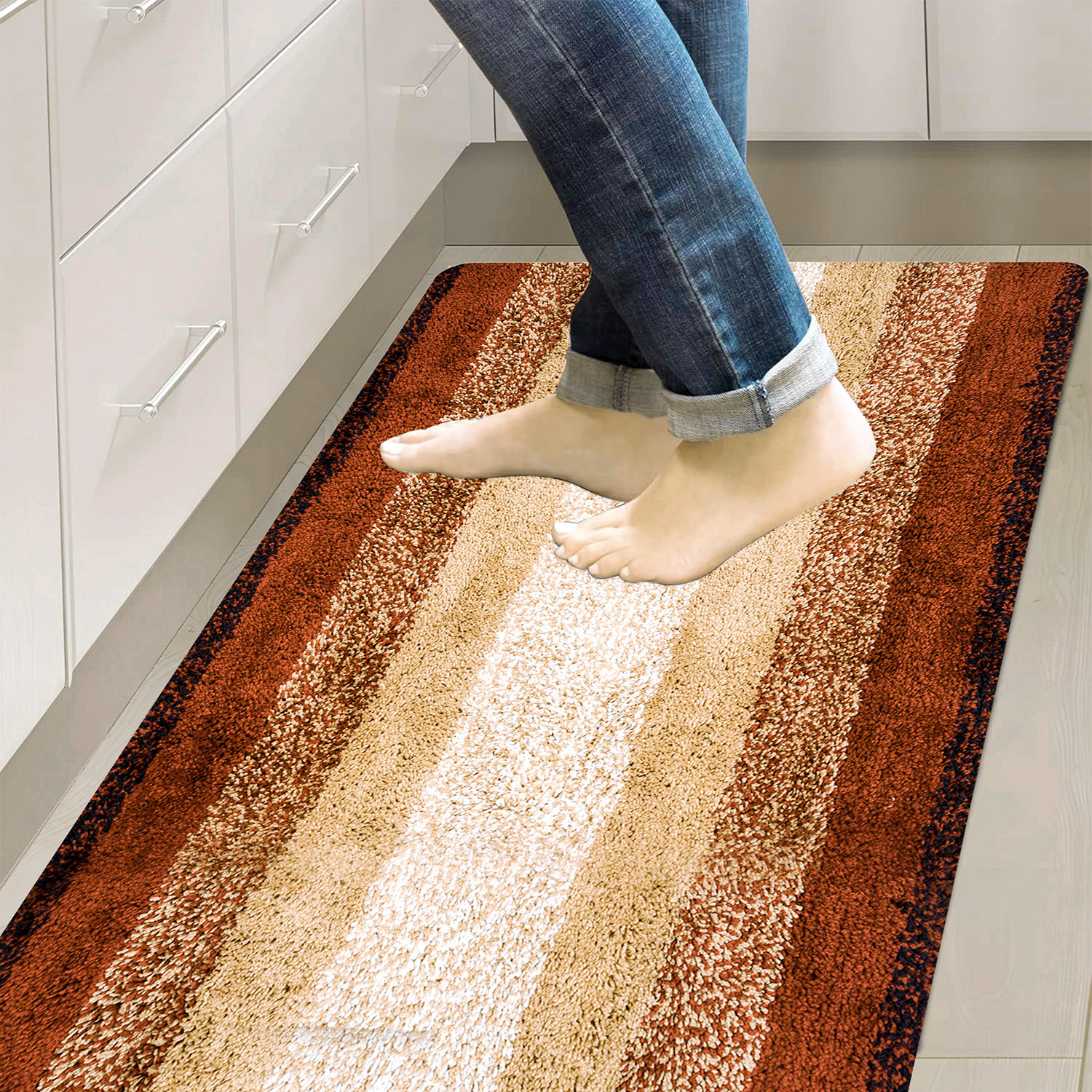 Kuber Industries Runner | Bedside Runner for Bedroom | Runner for Living Room | Golden Patta Rainbow Carpet Runner | Anti Skid Carpet Rug Mat | Kitchen Runner | 22x55 | Cream