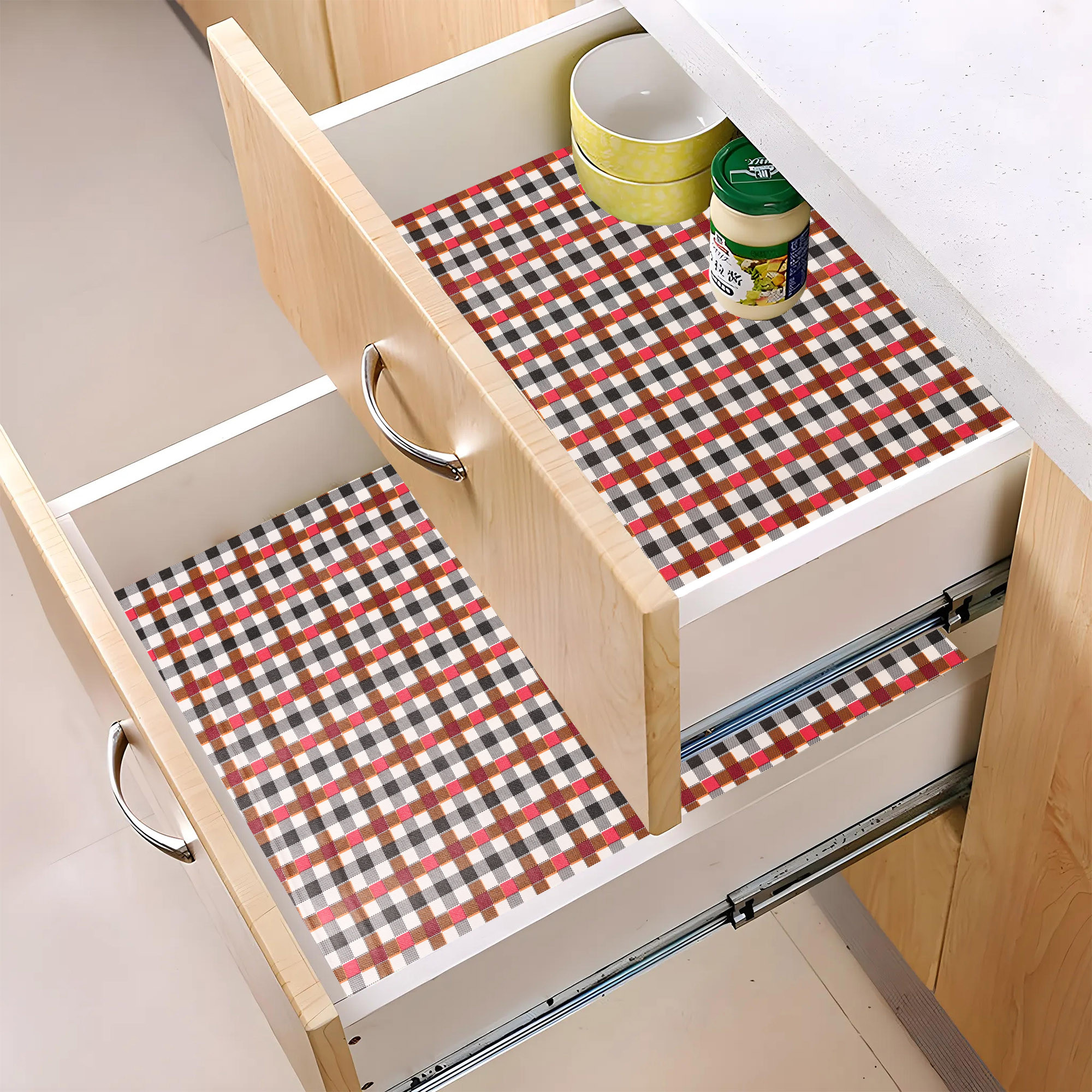 Kuber Industries s Waterproof  Durable Kitchen Mats for Shelf Liner Roll  Wipeable Fridge Sheets for Shelves Cabinet Drawer  Barik Check - Red  Black