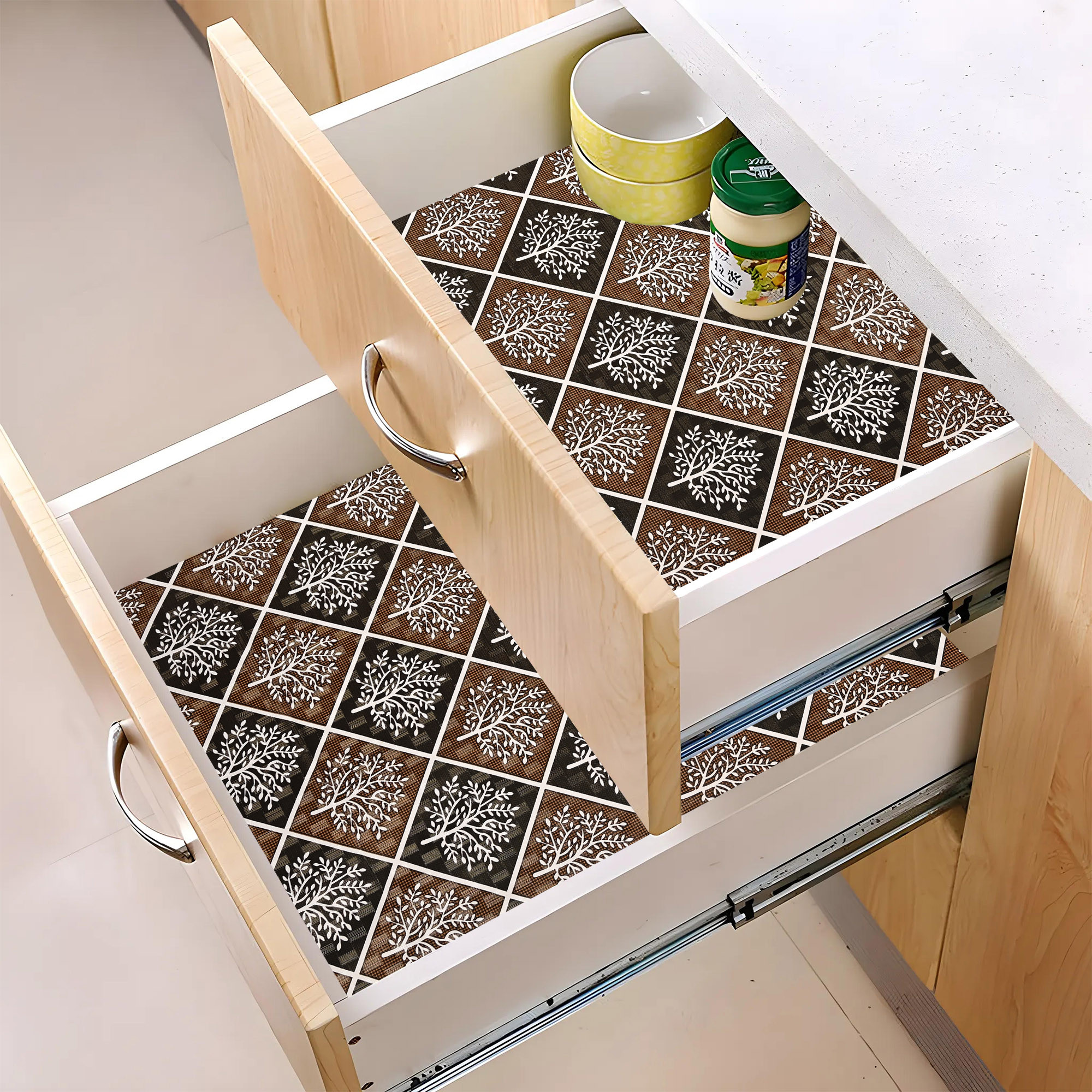Kuber Industries s Waterproof  Durable Kitchen Mats for Shelf Liner Roll  Wipeable Fridge Sheets for Shelves Cabinet Drawer  Tree Print - Brown  White