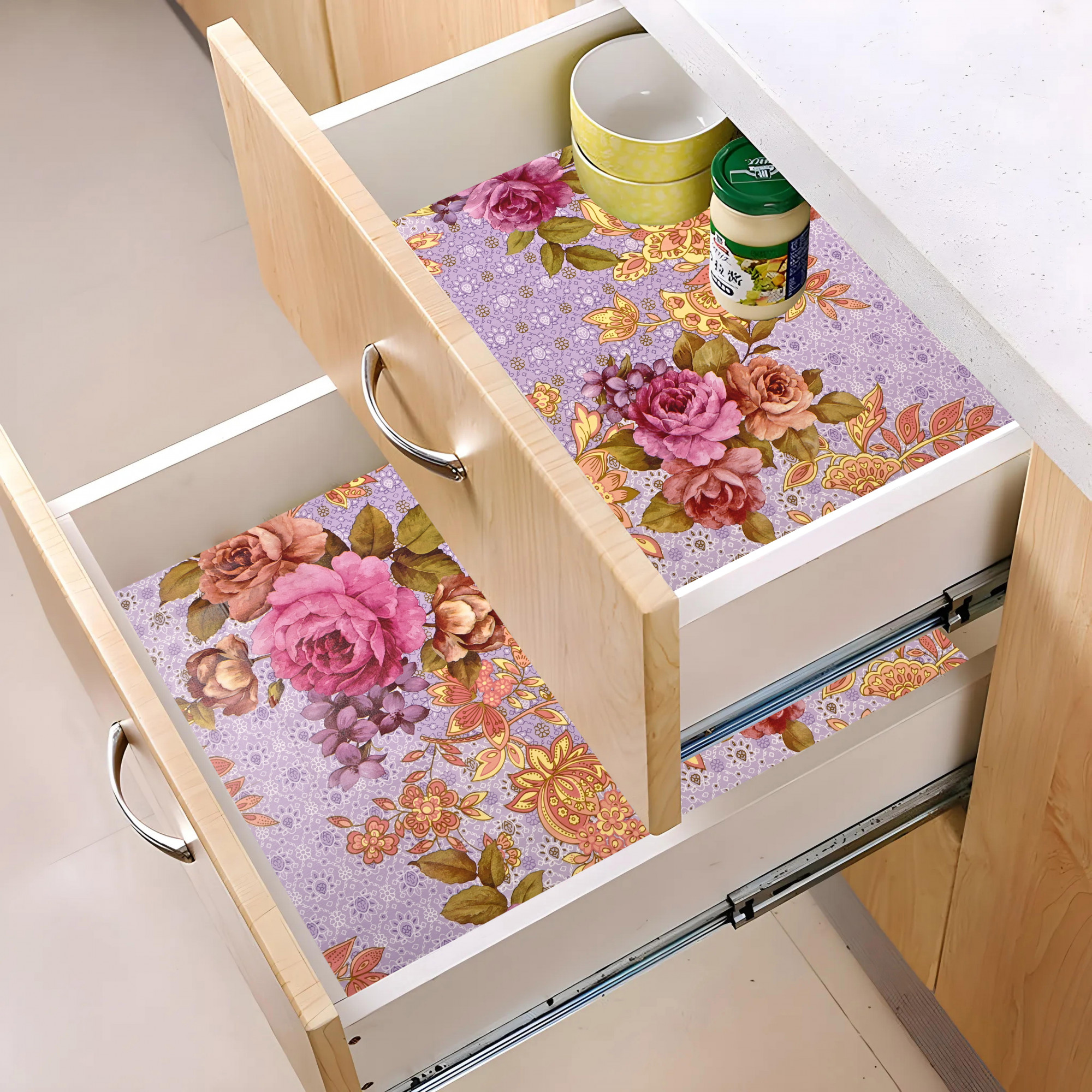 Kuber Industries s Waterproof  Durable Kitchen Mats for Shelf Liner Roll  Wipeable Fridge Sheets for Shelves Cabinet Drawer  Flower Print - Lavender
