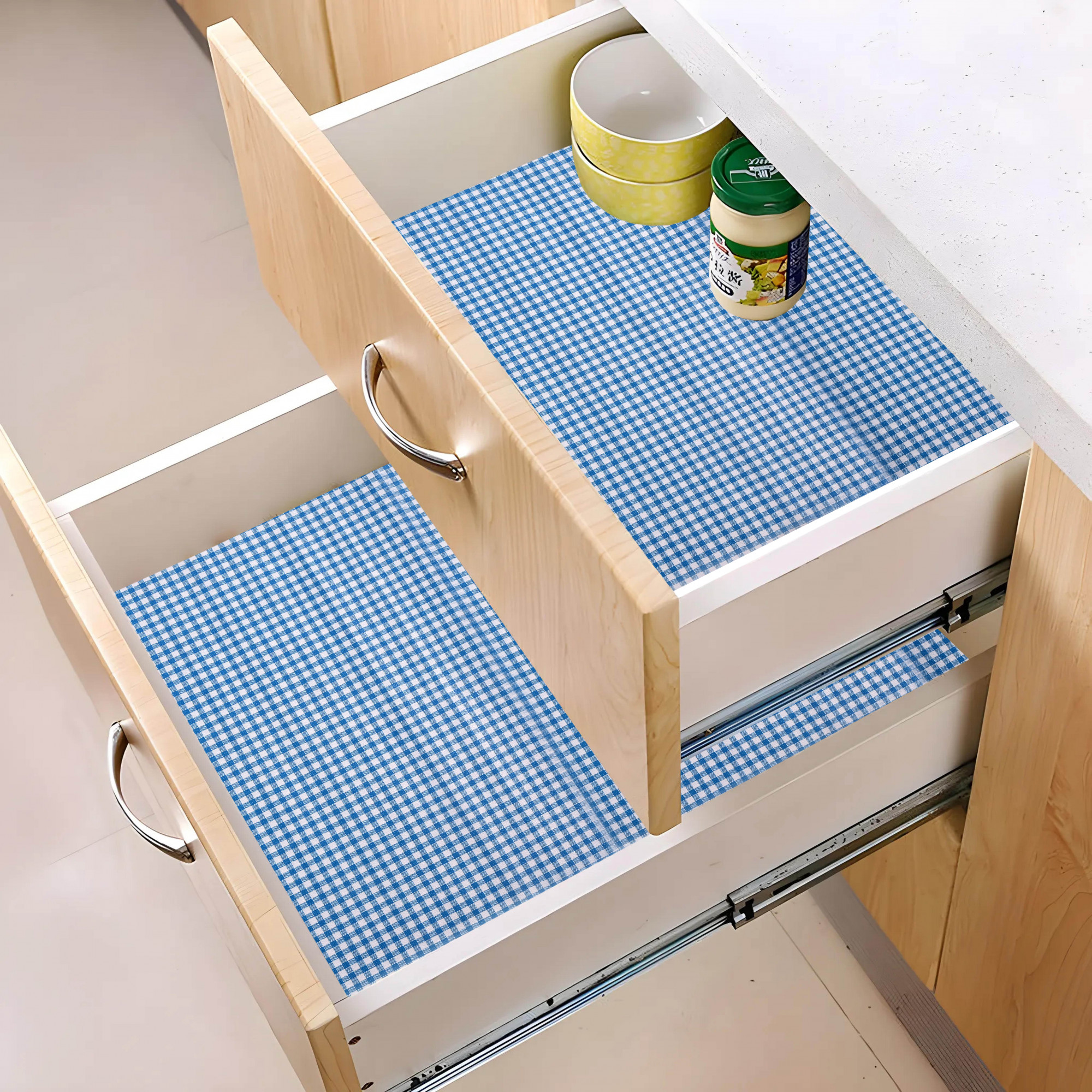 Kuber Industries s Waterproof  Durable Kitchen Mats for Shelf Liner Roll  Wipeable Fridge Sheets for Shelves Cabinet Drawer  Barik Check - White  Blue