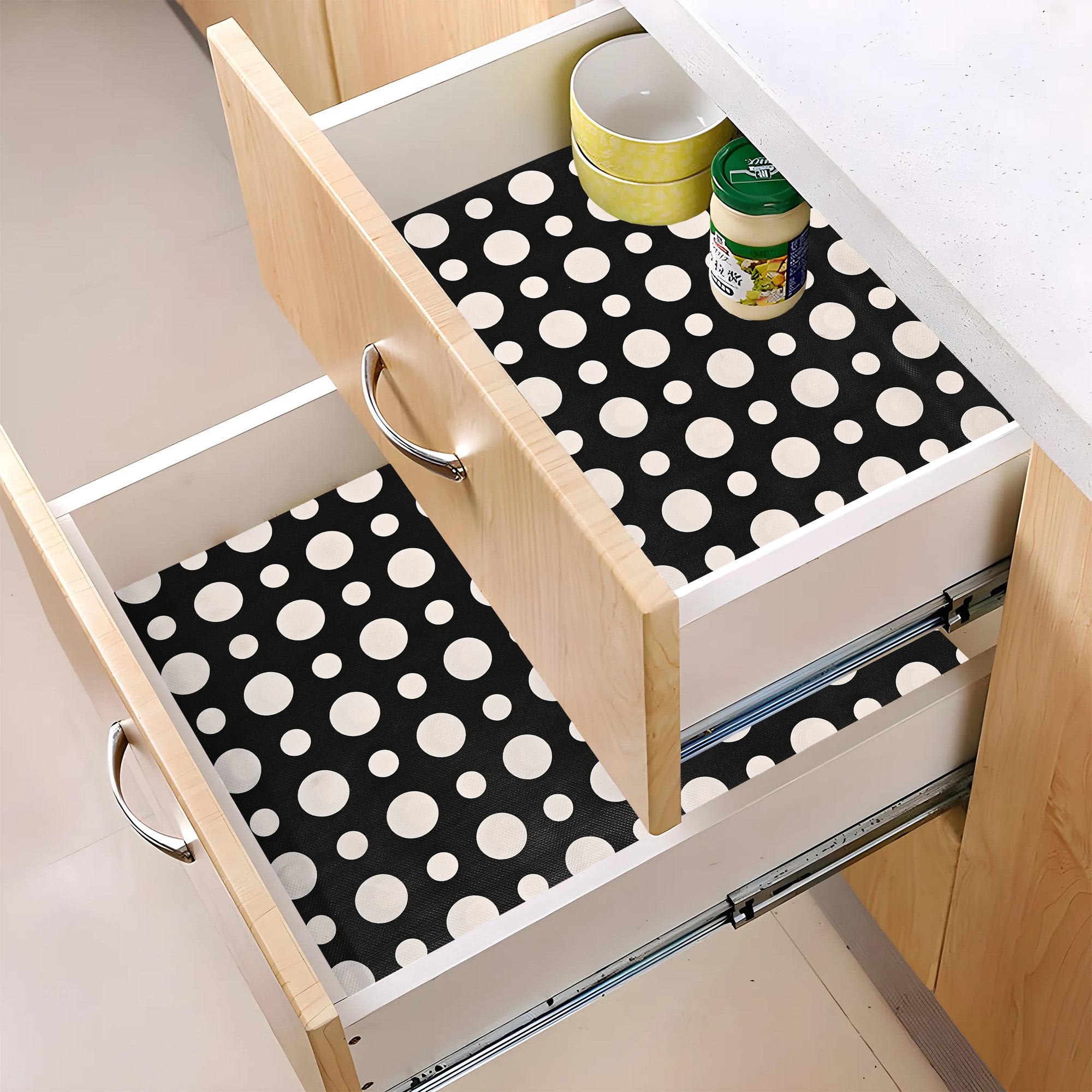 Kuber Industries s Waterproof  Durable Kitchen Mats for Shelf Liner Roll  Wipeable Fridge Sheets for Shelves Cabinet Drawer  Polka Dots Grey - Black