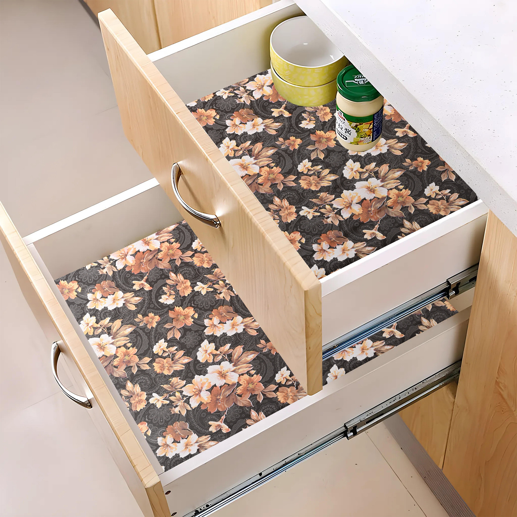 Kuber Industries s Waterproof  Durable Kitchen Mats for Shelf Liner Roll  Wipeable Fridge Sheets for Shelves Cabinet Drawer  Flower Print - Grey  Brown