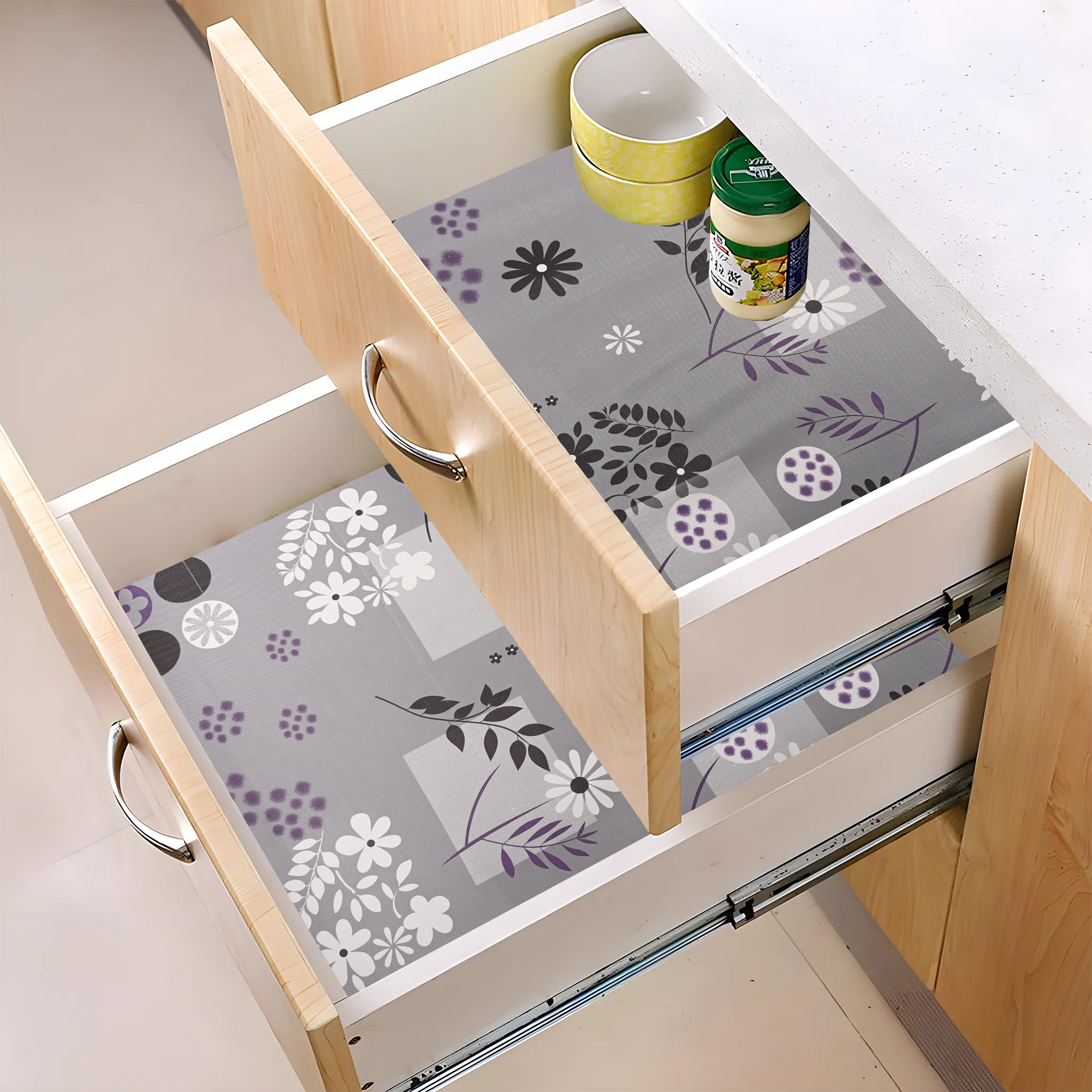 Kuber Industries s Waterproof  Durable Kitchen Mats for Shelf Liner Roll  Wipeable Fridge Sheets for Shelves Cabinet Drawer  Flower Circle Print - Grey