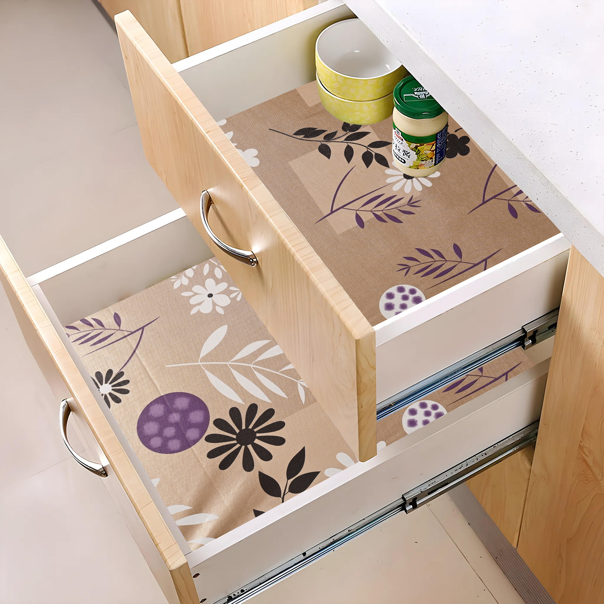 Kuber Industries s Waterproof  Durable Kitchen Mats for Shelf Liner Roll  Wipeable Fridge Sheets for Shelves Cabinet Drawer  Flower Circle Print - Light Brown