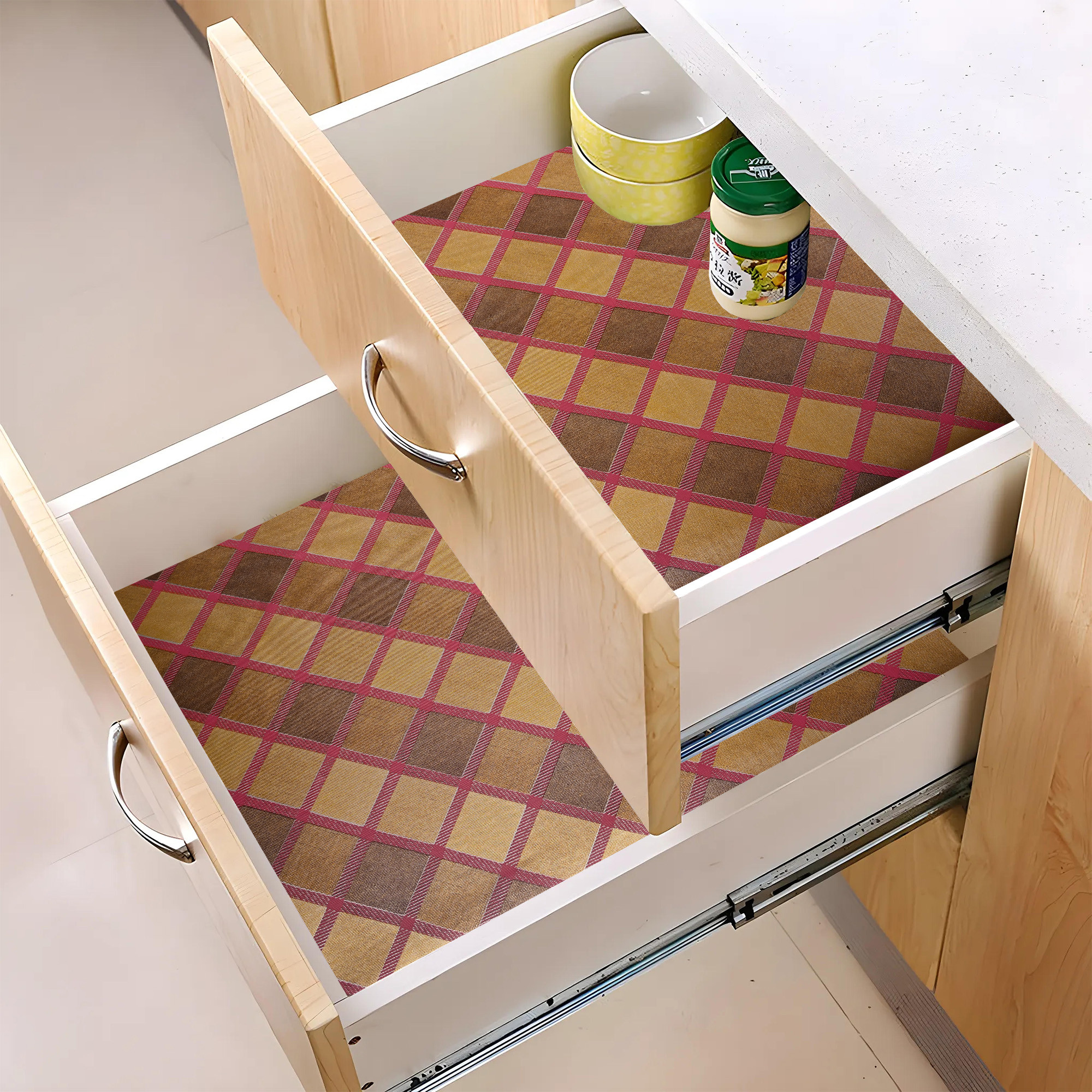 Kuber Industries s Waterproof  Durable Kitchen Mats for Shelf Liner Roll  Wipeable Fridge Sheets for Shelves Cabinet Drawer  Golden Check Print - Gulabi