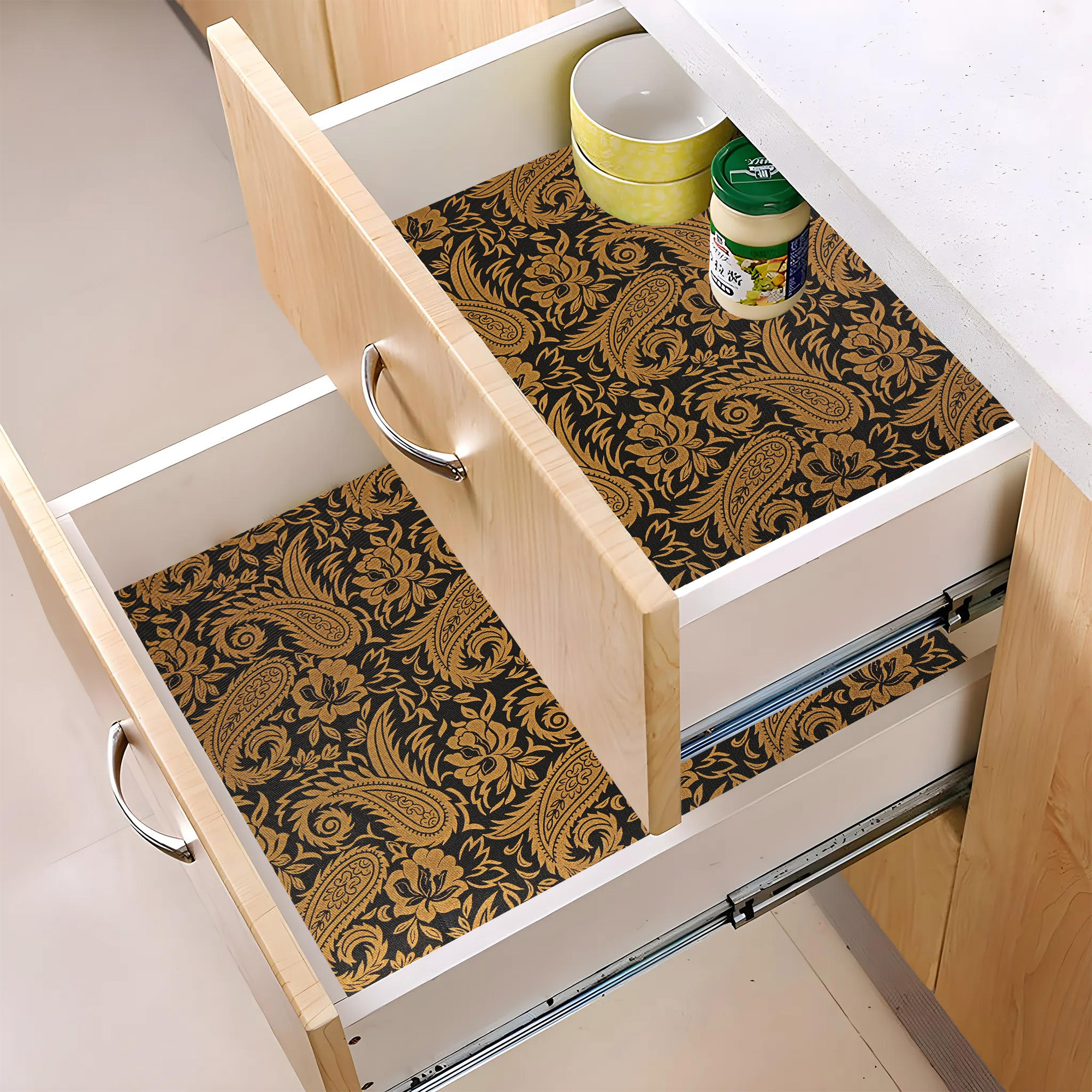 Kuber Industries s Waterproof Wardrobe Shelf Liners for Kitchen Shelves  Multipurpose Almari Fridge  Cupboard Sheets for Wardrobe  Carry Design - Golden  Black