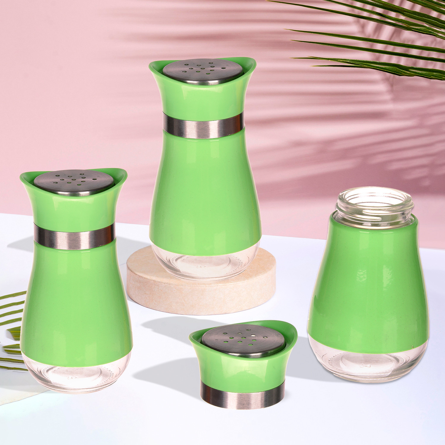 Kuber Industries Salt Shaker Box | Stainless Steel Pepper Shaker Box | Chilli Flakes Seasoning Sprinkler Box | Namak Daani | Dining Table Masala Box Dabbi | Green