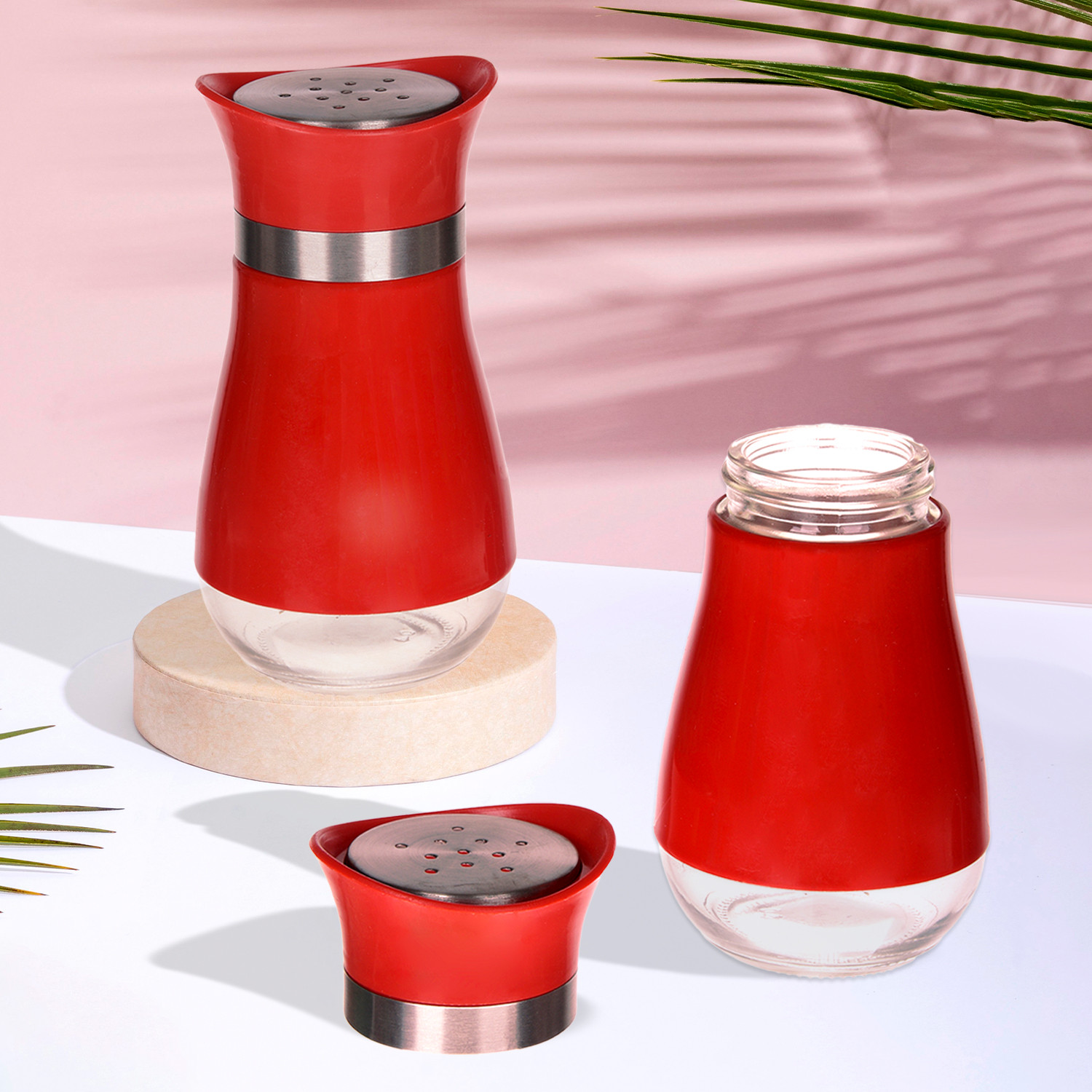 Kuber Industries Salt Shaker Box | Stainless Steel Pepper Shaker Box | Chilli Flakes Seasoning Sprinkler Box | Namak Daani | Dining Table Masala Box Dabbi | Red