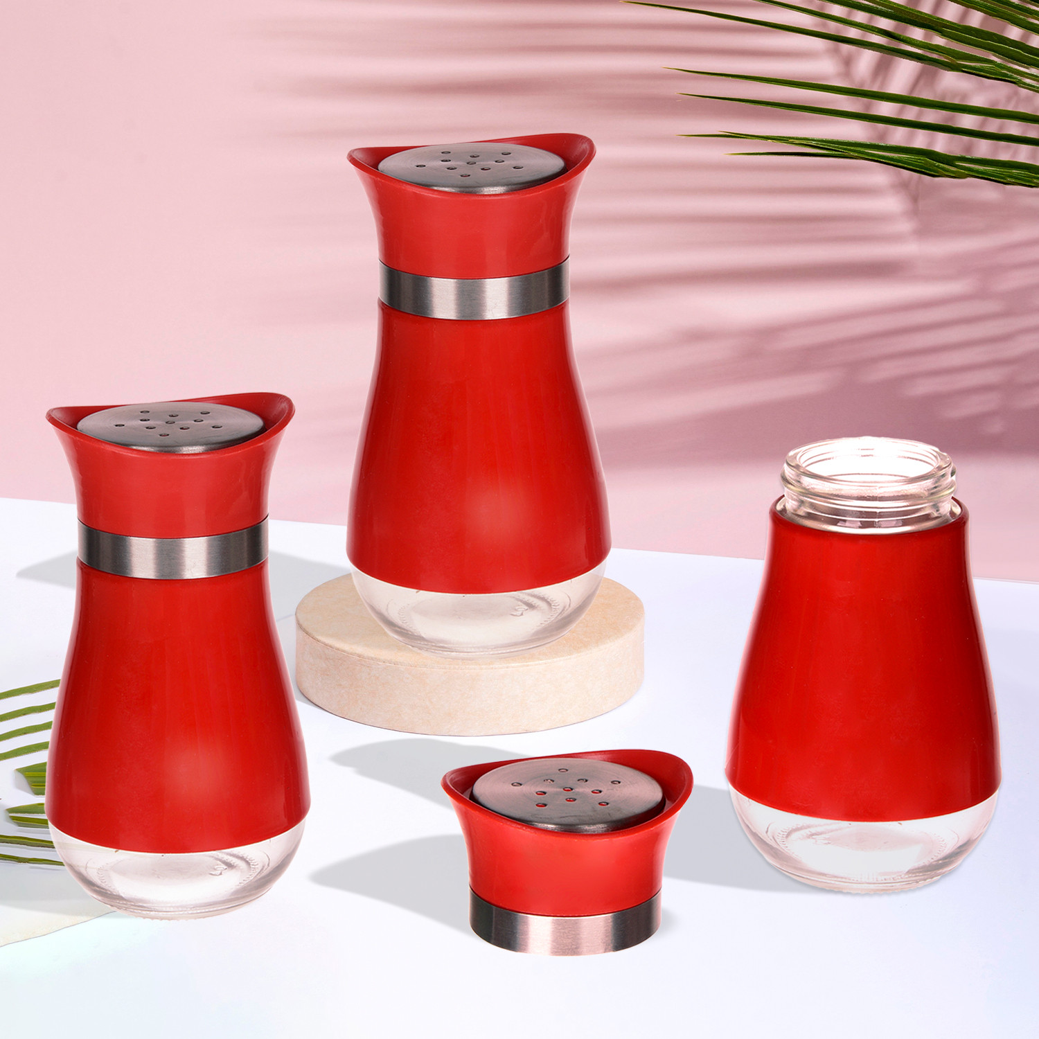Kuber Industries Salt Shaker Box | Stainless Steel Pepper Shaker Box | Chilli Flakes Seasoning Sprinkler Box | Namak Daani | Dining Table Masala Box Dabbi | Red