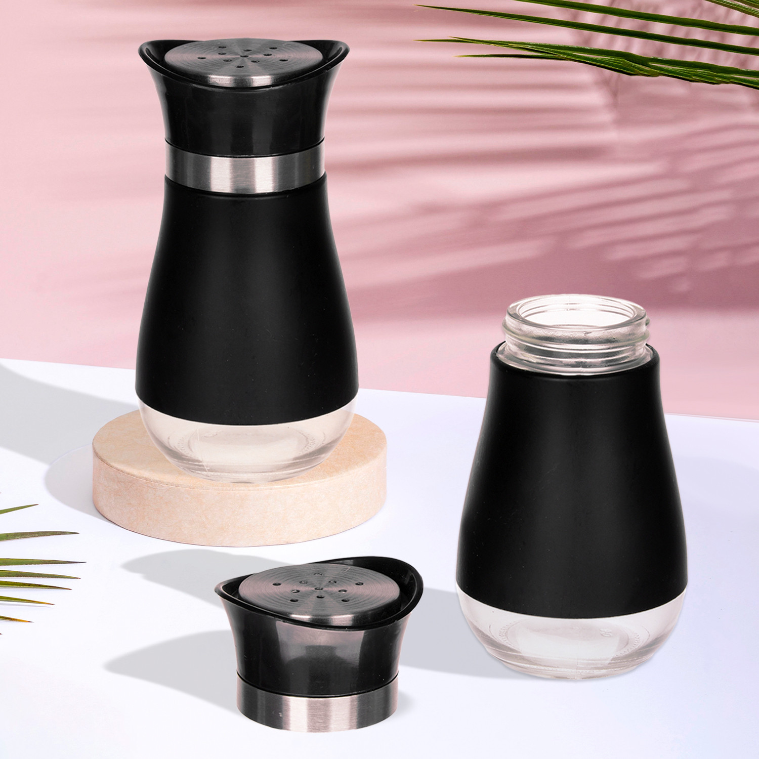 Kuber Industries Salt Shaker Box | Stainless Steel Pepper Shaker Box | Chilli Flakes Seasoning Sprinkler Box | Namak Daani | Dining Table Masala Box Dabbi | Black