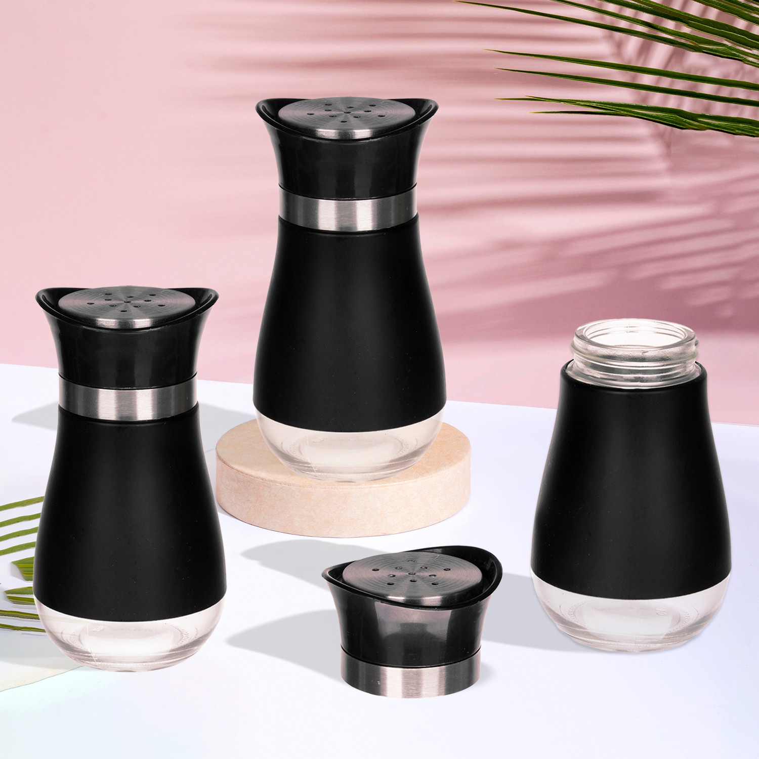 Kuber Industries Salt Shaker Box | Stainless Steel Pepper Shaker Box | Chilli Flakes Seasoning Sprinkler Box | Namak Daani | Dining Table Masala Box Dabbi | Black