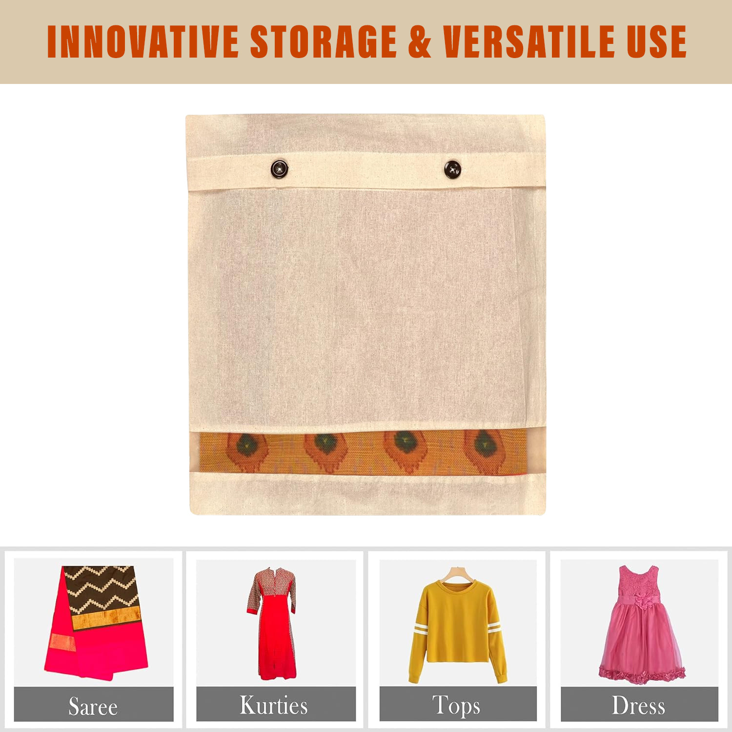 Kuber Industries Saree Bags | Clothes Bags for Storage | Cotton Wardrobe Organizer | Mesh Window Cloth Storage Bags Set | Single Packing Saree Cover with Button |Cream