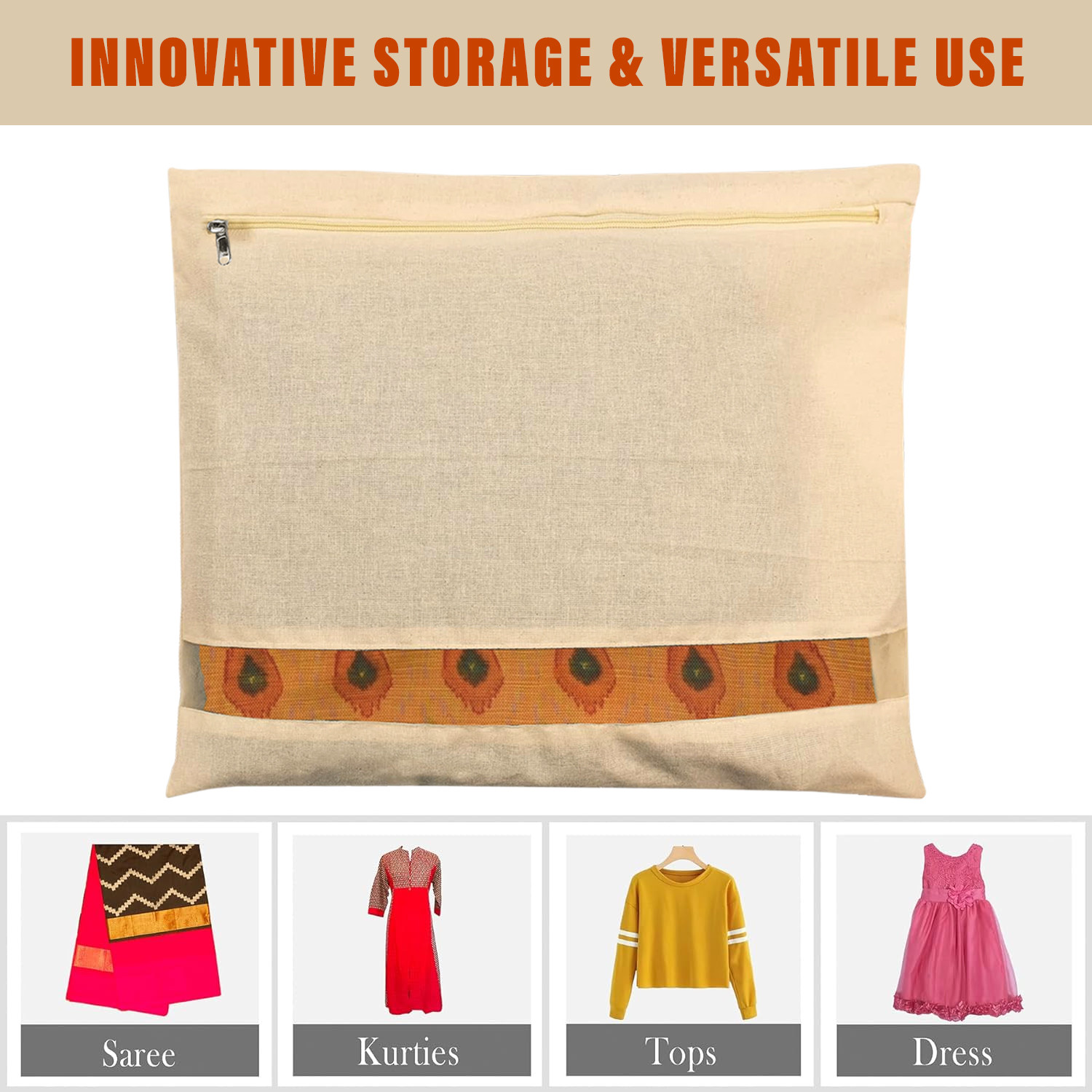 Kuber Industries Saree Bags | Clothes Bags for Storage | Cotton Wardrobe Organizer | Mesh Window Cloth Storage Bags Set | Single Packing Saree Bags |Cream