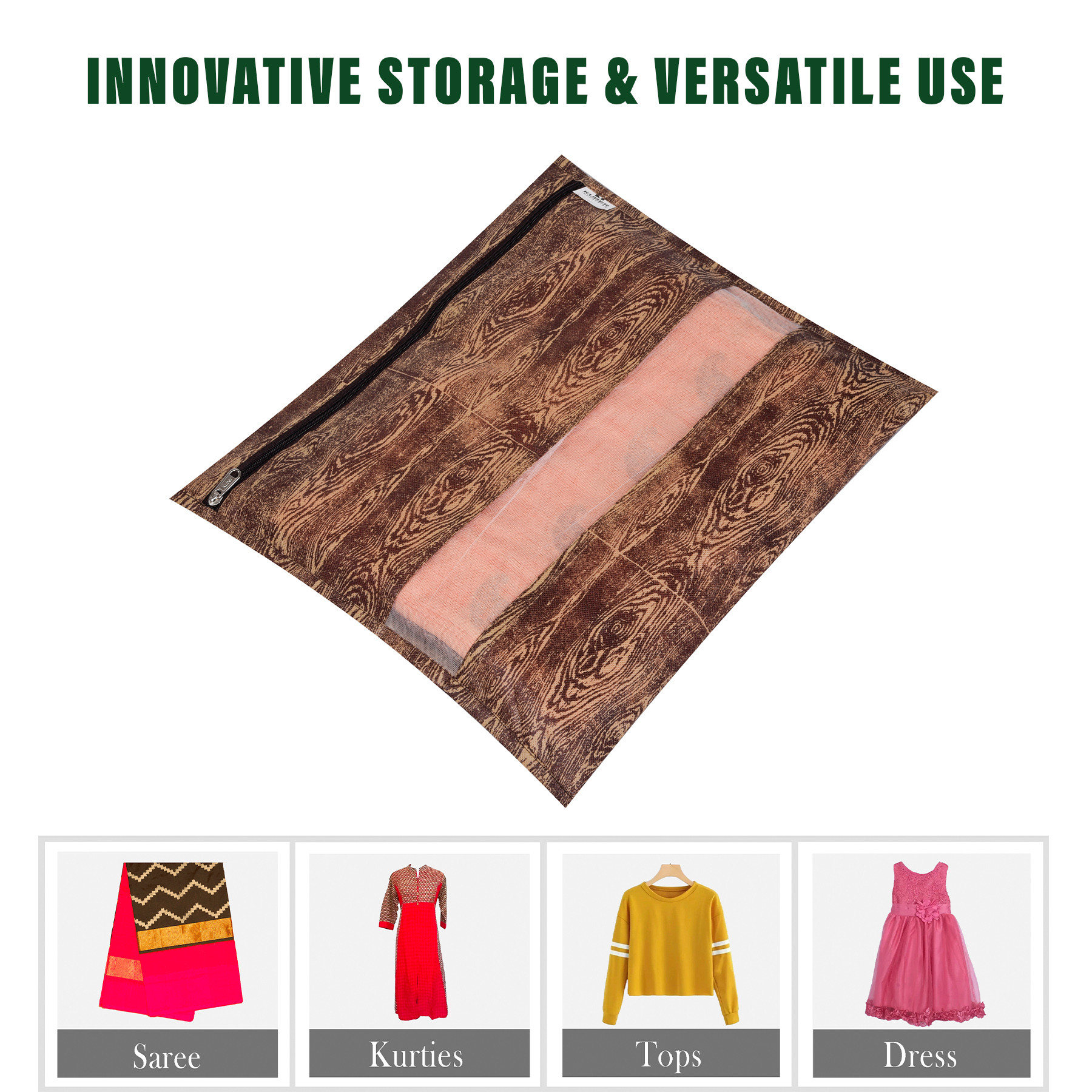 Kuber Industries Saree Bags | Clothes Bags for Storage | Non-Woven Wardrobe Organizer | Mesh Window Cloth Storage Bags Set | Single Packing Saree Bags | Wooden Texture | Brown